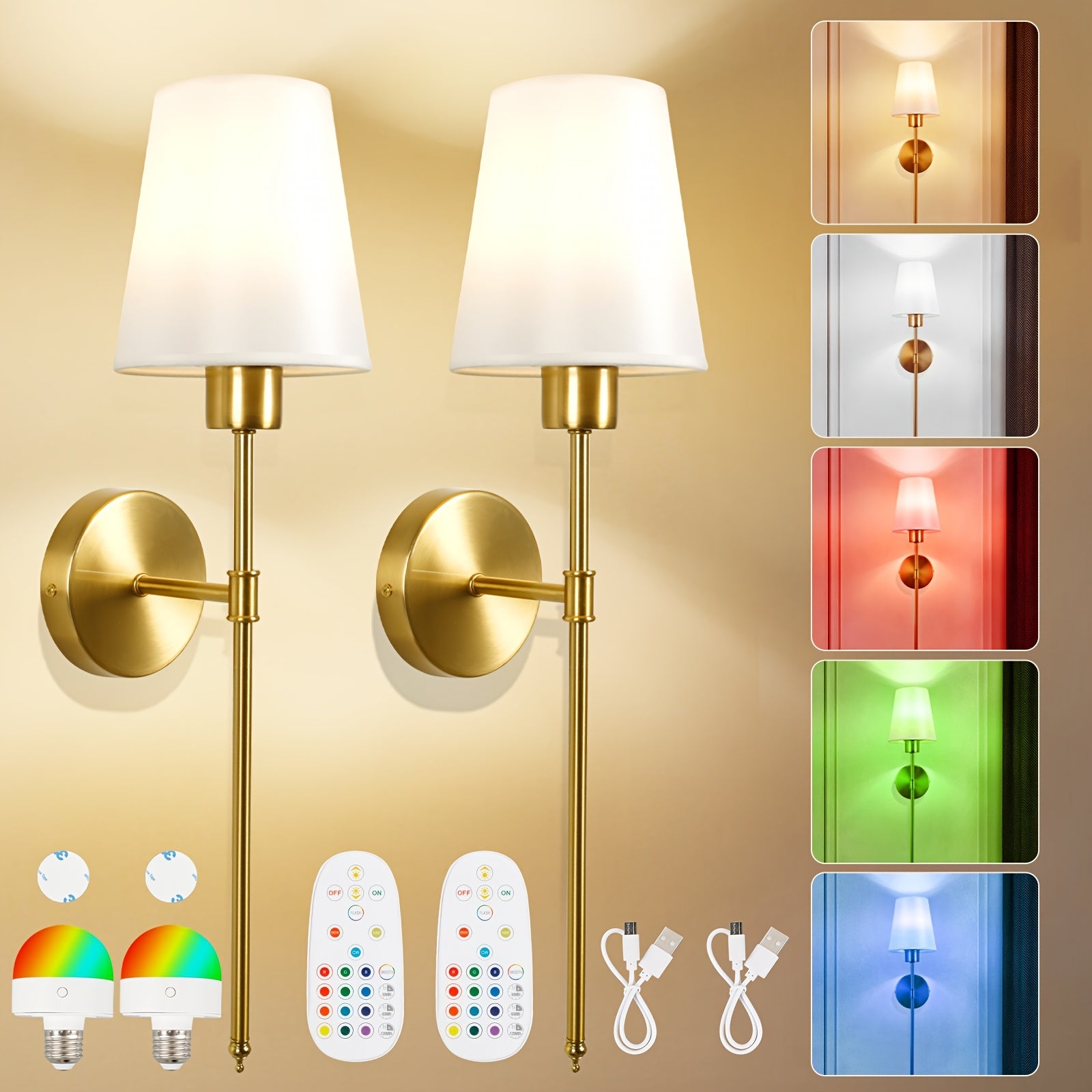 Wall Light Battery Operated Wall Light Set, Black/Gold Wireless Wall Light with Remote Control, 9 Color Modes Rechargeable Wall Light, Suitable for Bedroom Living Room, 2-Pack