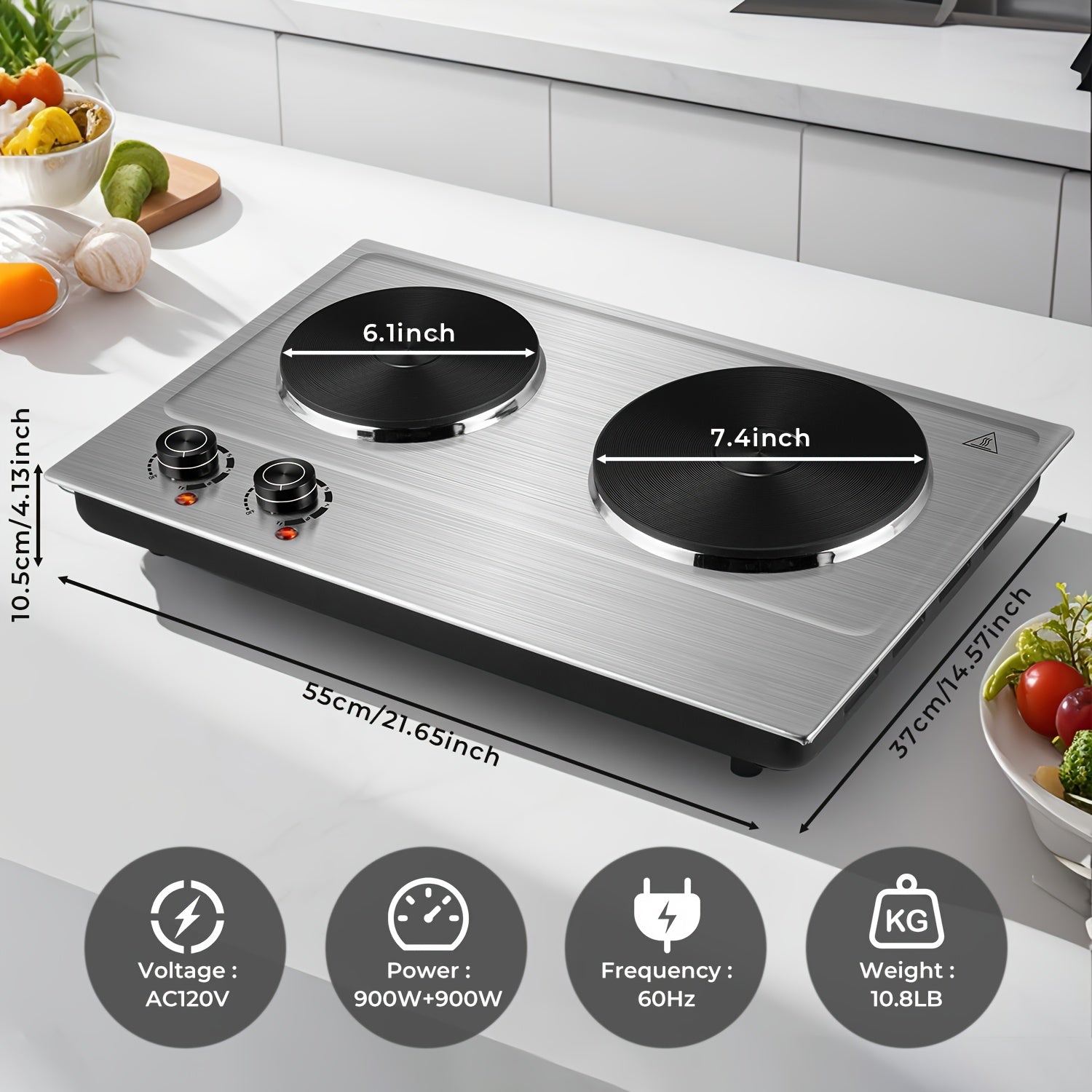 CUSIMAX Electric Hot Plate, Portable Double Burner Electric Stove, 1800W Cast Iron Double Cooktop, Compatible with All Types of Cookware, Stainless Steel