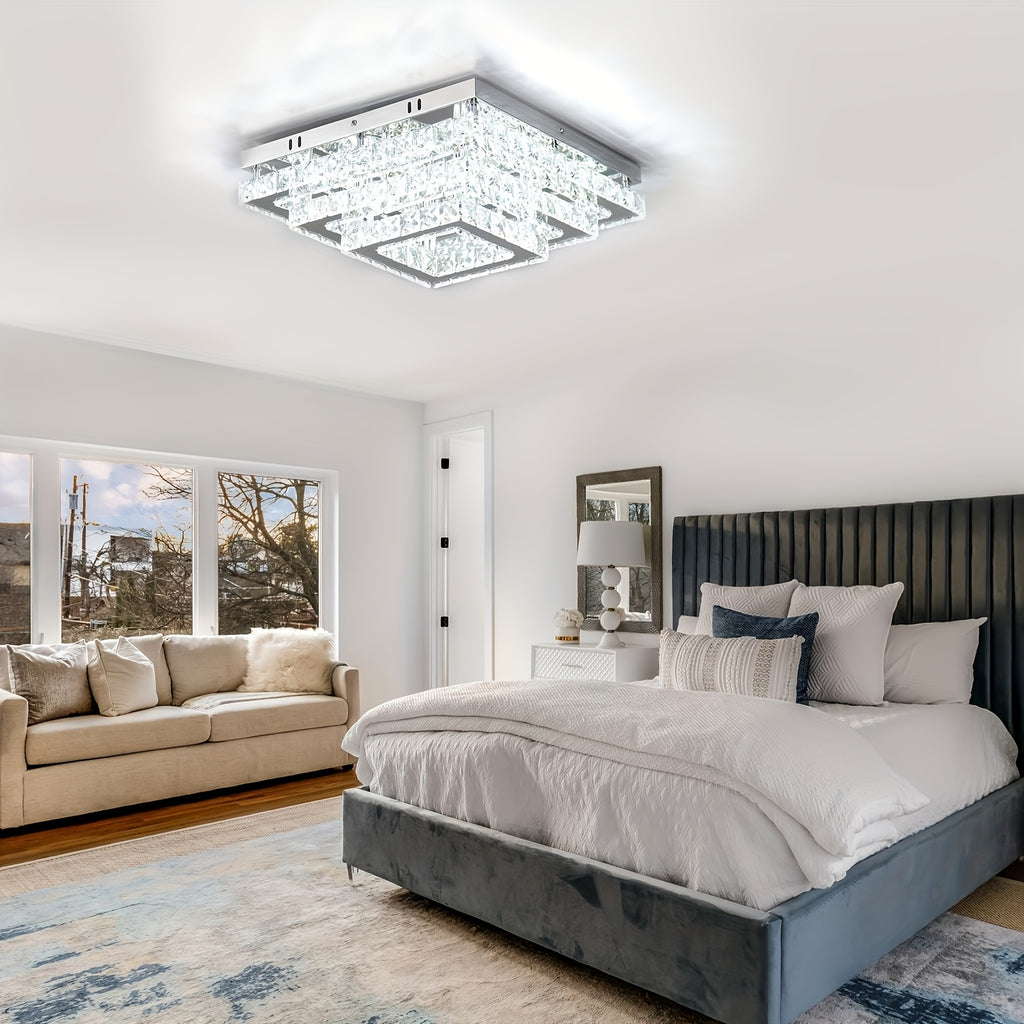 Exquisite Indoor String Light Square Crystal LED Ceiling Light, 15-Inch Modern Pendant Light 3-Layer Flat Panel Ceiling Light, Suitable for Living Room and Dining Room (6500K Cool White Light)