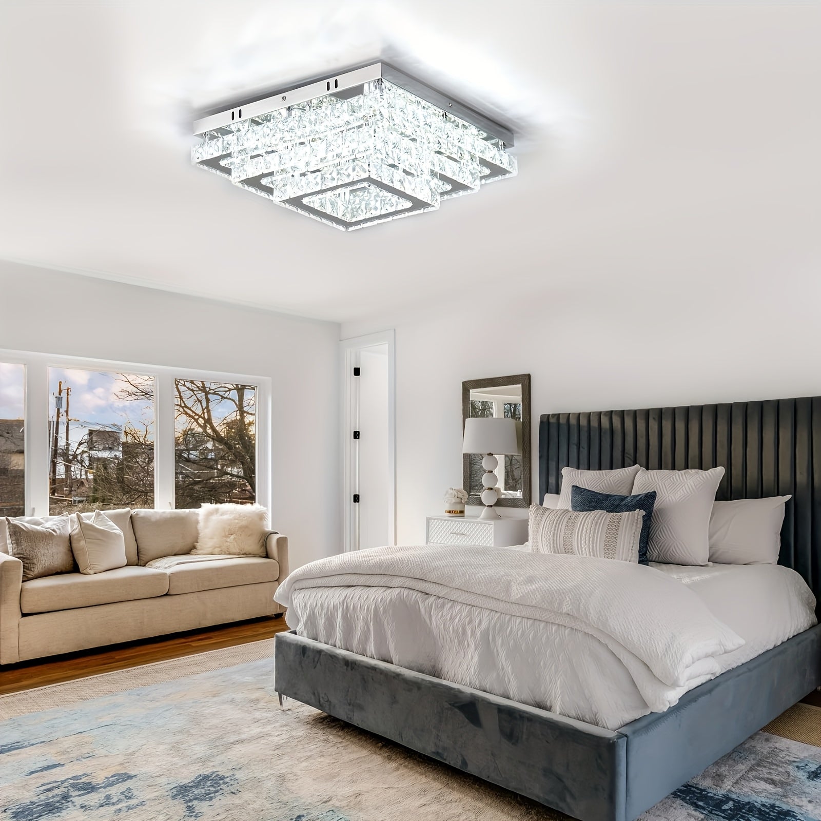 Exquisite Indoor String Light Square Crystal LED Ceiling Light, 15-Inch Modern Pendant Light 3-Layer Flat Panel Ceiling Light, Suitable for Living Room and Dining Room (6500K Cool White Light)