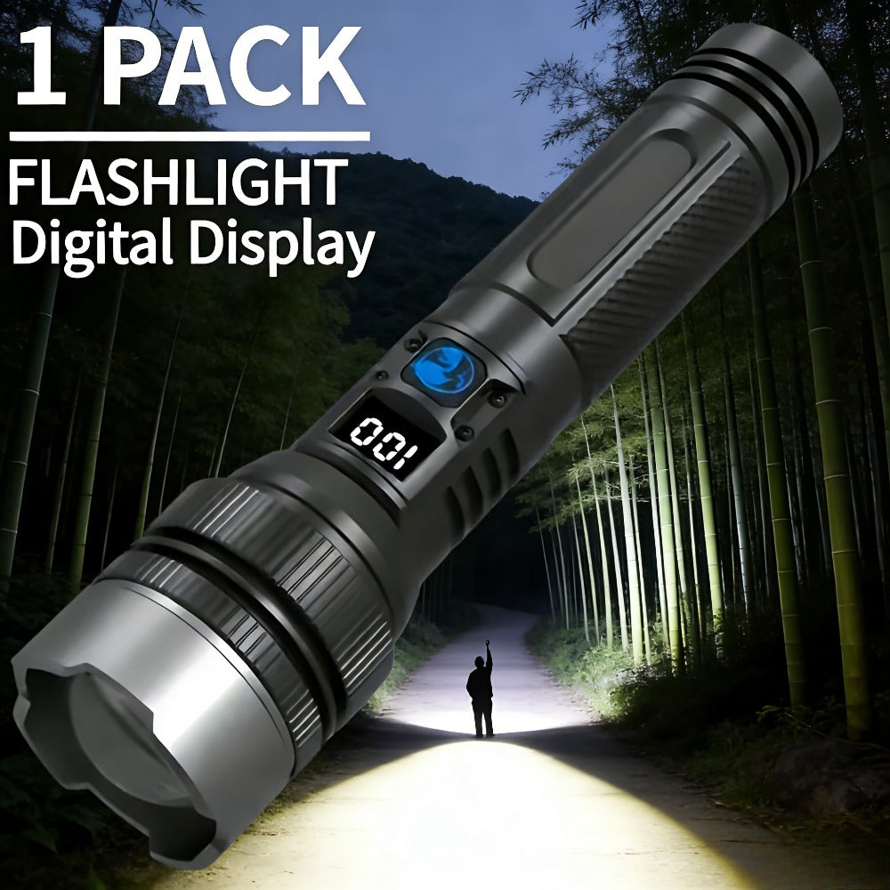 Powerful Rechargeable Flashlight, IP65 Waterproof, High Lumen LED Tactical Design, Zoom Function, Digital Power Indicator, Type-C Fast Charging, Ideal Portable Handheld Light for Camping, Hiking and Emergency Situations
