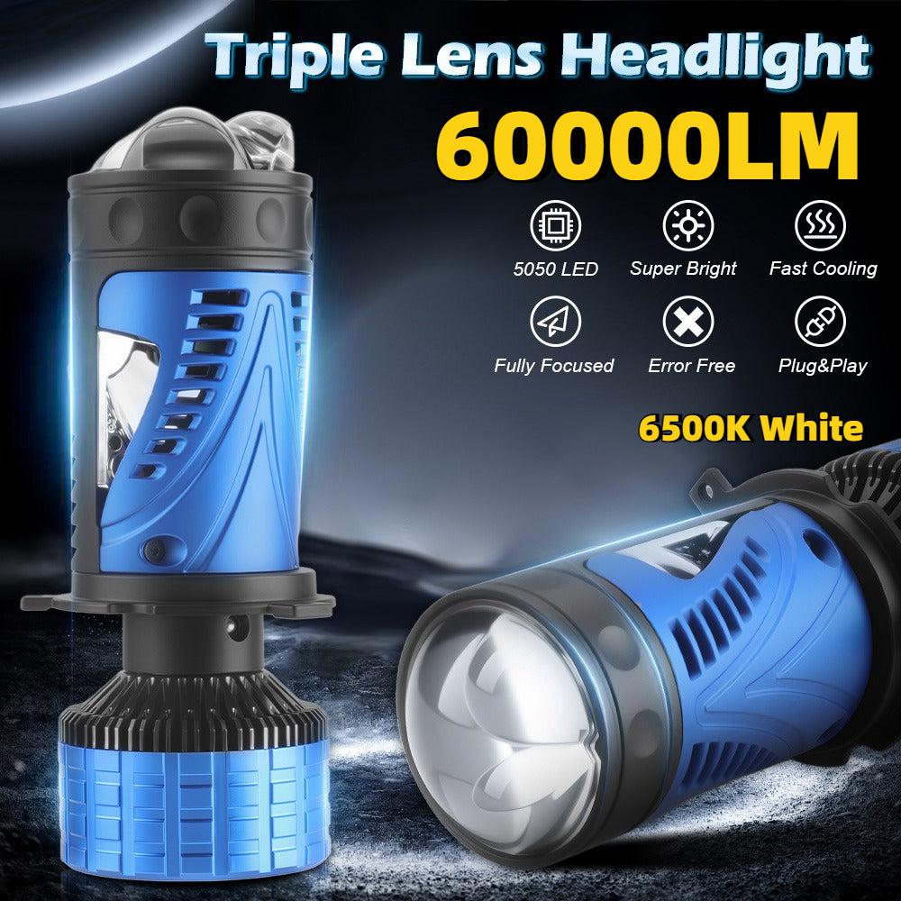 Super Bright White Headlight, 2-Piece Lens LED Headlight for Left-Hand Drive, Suitable for Cars and Motorcycles, H4 High/Low Beam 2-in-1 LED Chips, 6500K White Light 60000 Lumens 300W, Left-Hand Drive Plug-and-Play