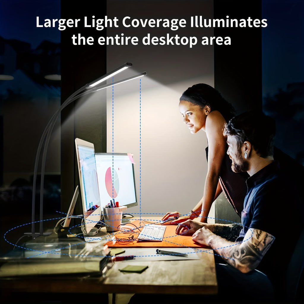 1 modern LED desk lamp, with 2 LED tubes, clip-on design, 3 color modes, 10 brightness levels, dimmable, flexible gooseneck, USB powered, switch control, plastic material, suitable for home office reading and task lighting
