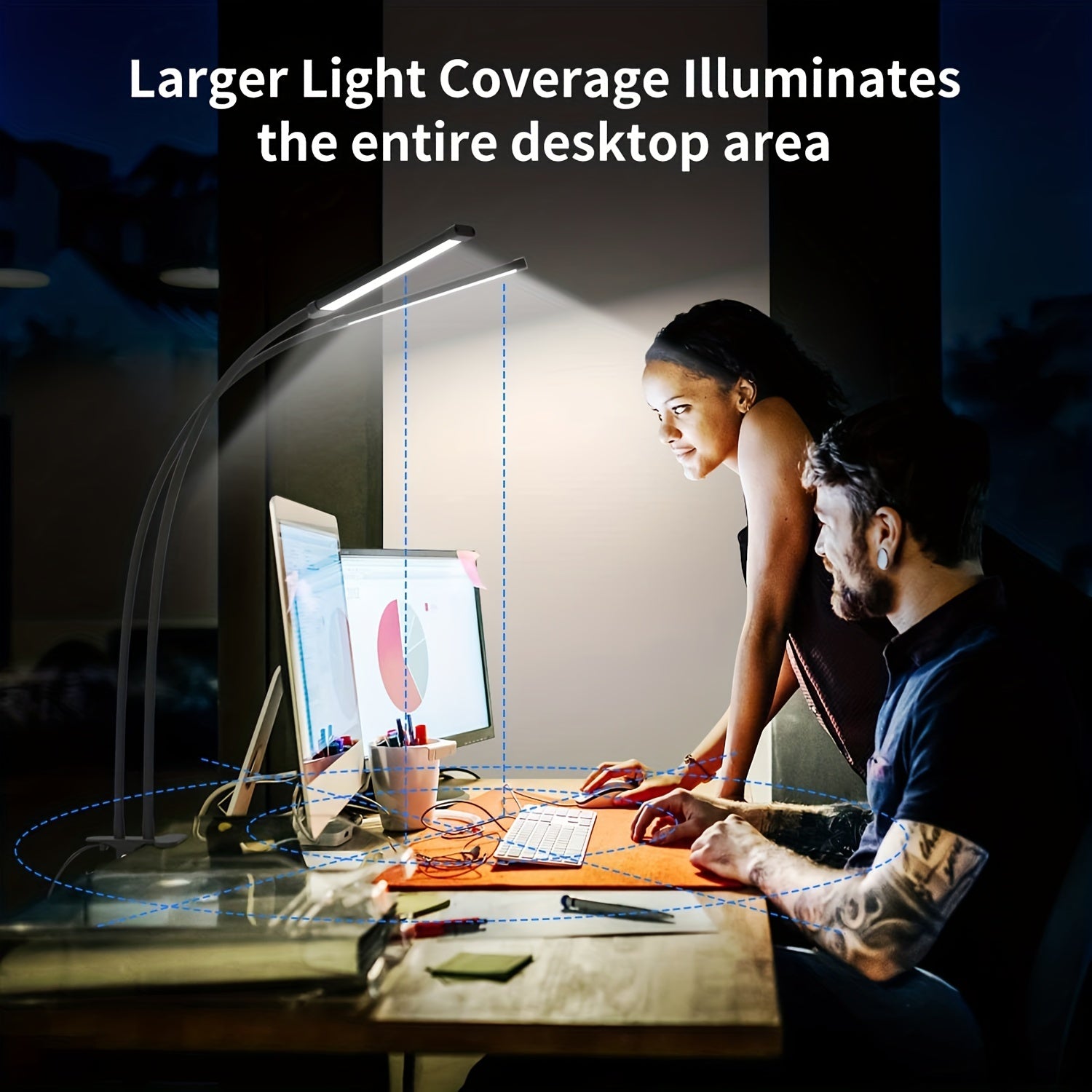 1 modern LED desk lamp, with 2 LED tubes, clip-on design, 3 color modes, 10 brightness levels, dimmable, flexible gooseneck, USB powered, switch control, plastic material, suitable for home office reading and task lighting