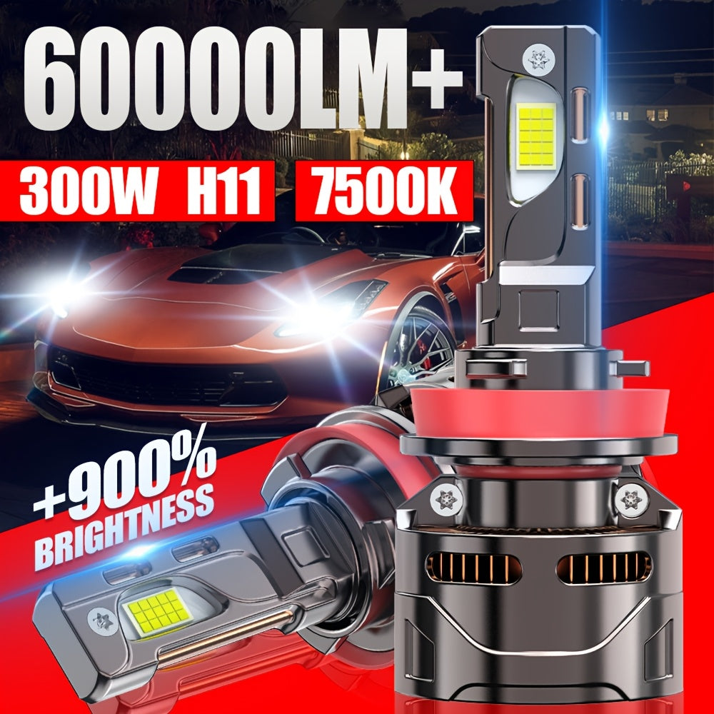 2-Pack H11 LED Headlights, Compatible with H4/9003/HB2 H7 H11/H9/H8 H1 Sockets. High Brightness 9570 CSP Chip, 7500K Color Temperature, 300W Power, Supports CANBUS Voltage Adjustment