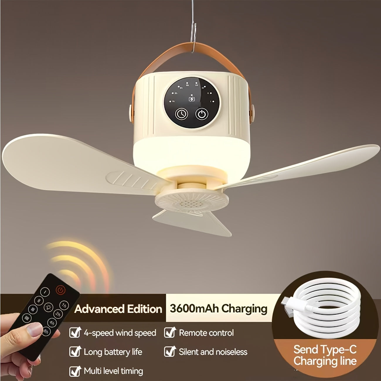 Camping Ceiling Fan, 3-Level Ambient Light, 4-Speed Timer & 4 Wind Speed Adjustment, Remote Control, USB Charging, Long Lasting Battery, Suitable for Camping, Home, Bedroom, Desk, Travel, Car, Dormitory, Workshop
