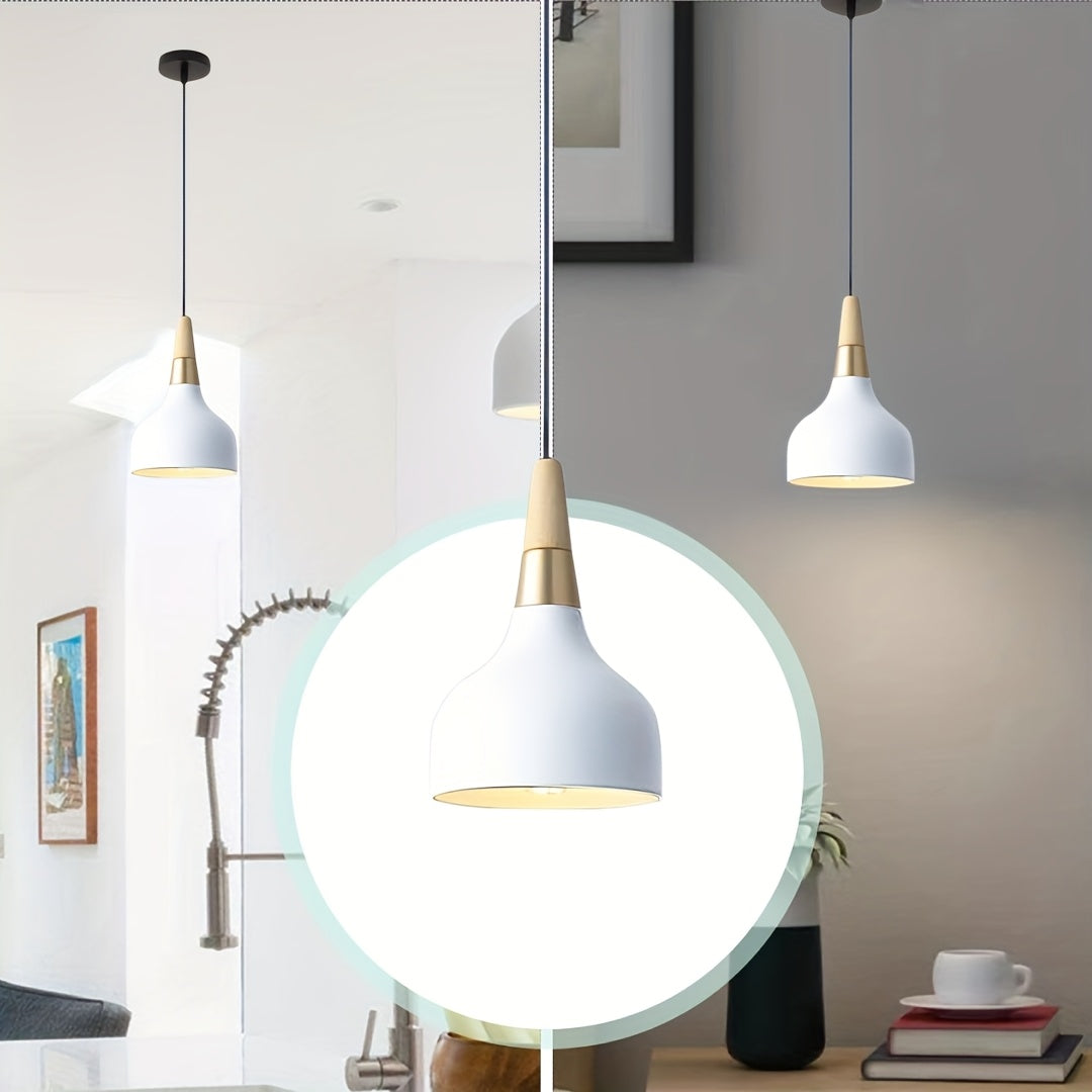 Modern E26/27 pendant light industrial art decorative ceiling lighting fixture simple Nordic style hanging lampshade single-head for dining room, kitchen island, hallway, store (wood, white)