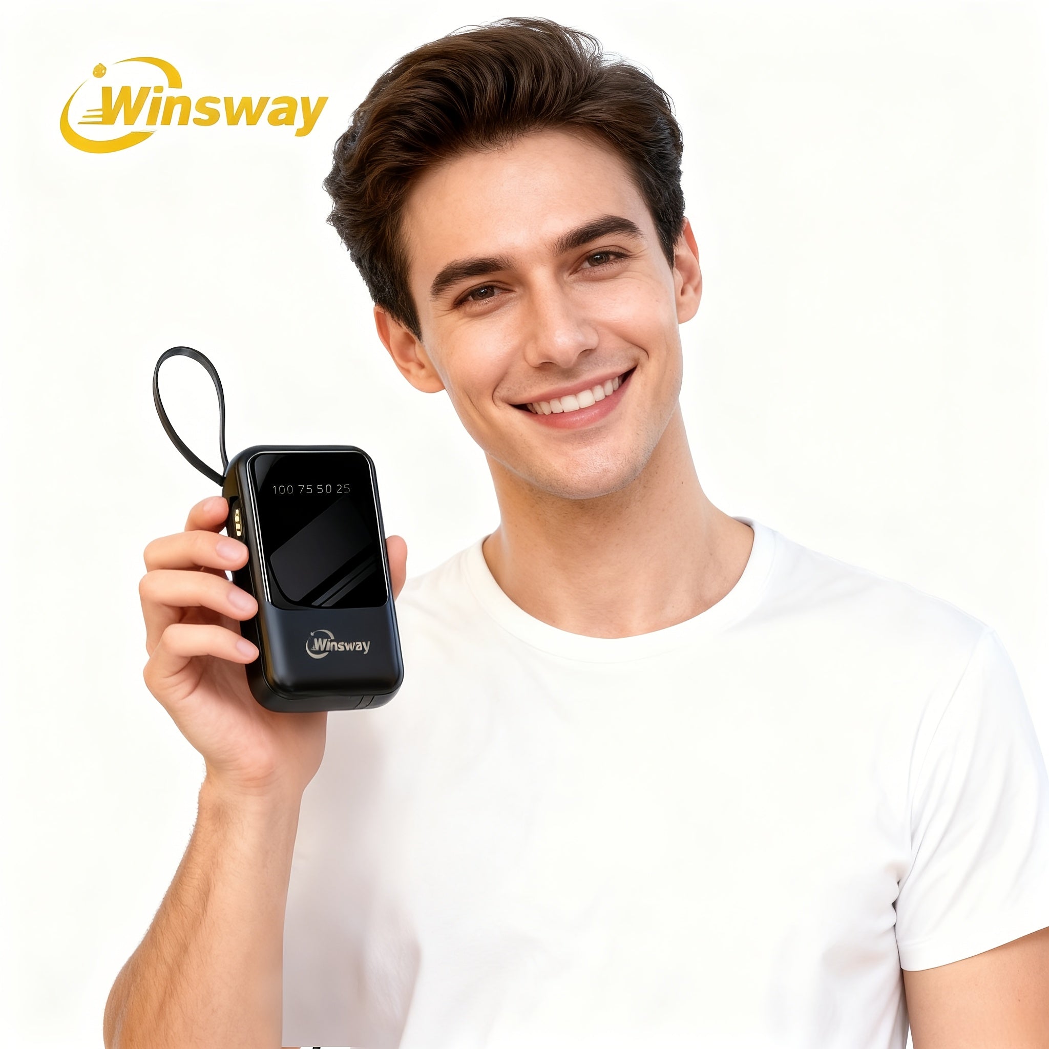 Winsway 10000mAh Portable Lanyard Power Bank With Large Capacity And Fast Charging. Built-in 4 Cables To Charge 4 Mobile Devices At The Same Time. LED Display Screen Is Clear And Convenient. A Must-have For Travel Christmas Gifts