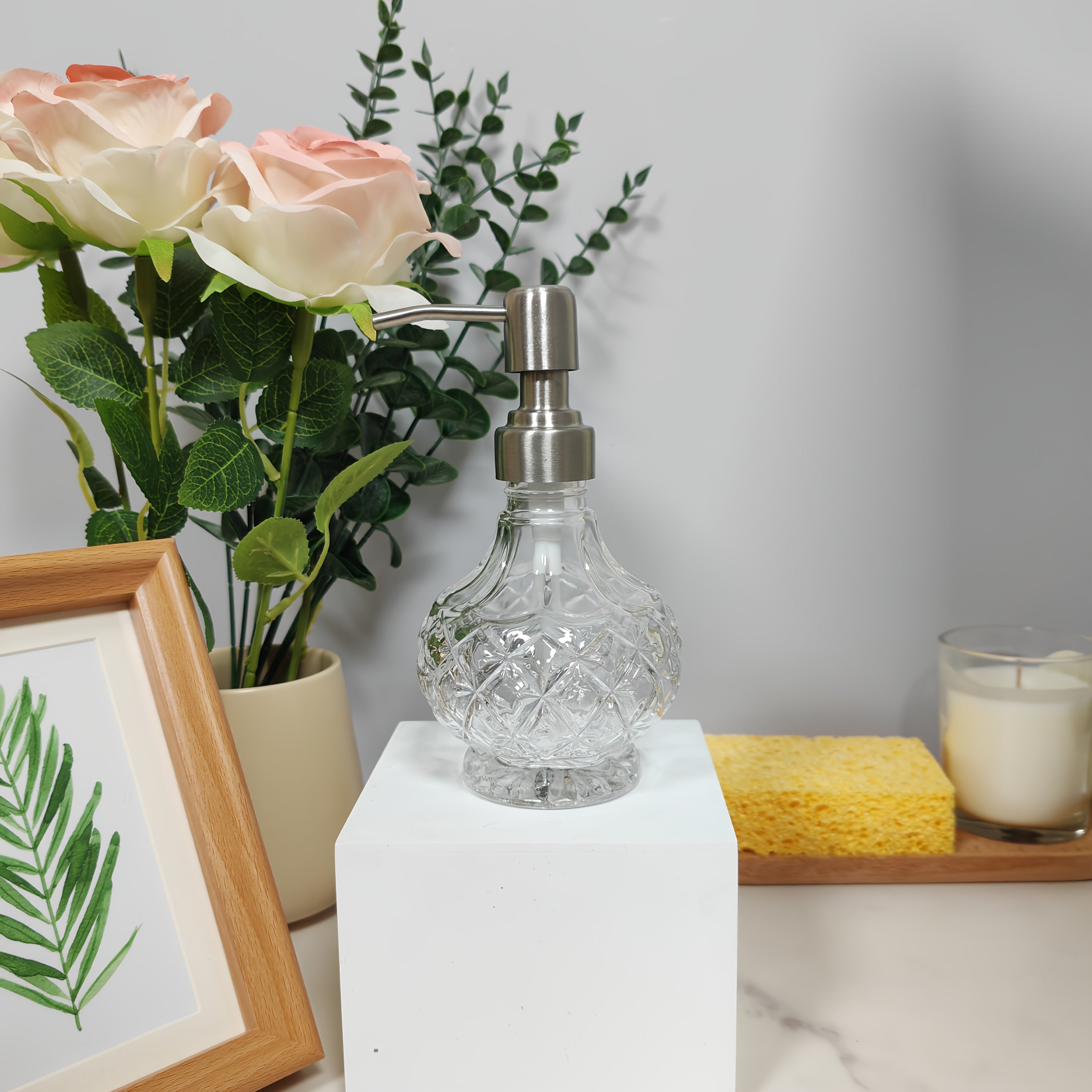 Glass Soap Dispenser with Pump - Clear Crystal Design, Vintage Elegance, Refillable Hand Soap Bottle for Bathroom Countertop & Kitchen Sink, 200ml/6.76oz