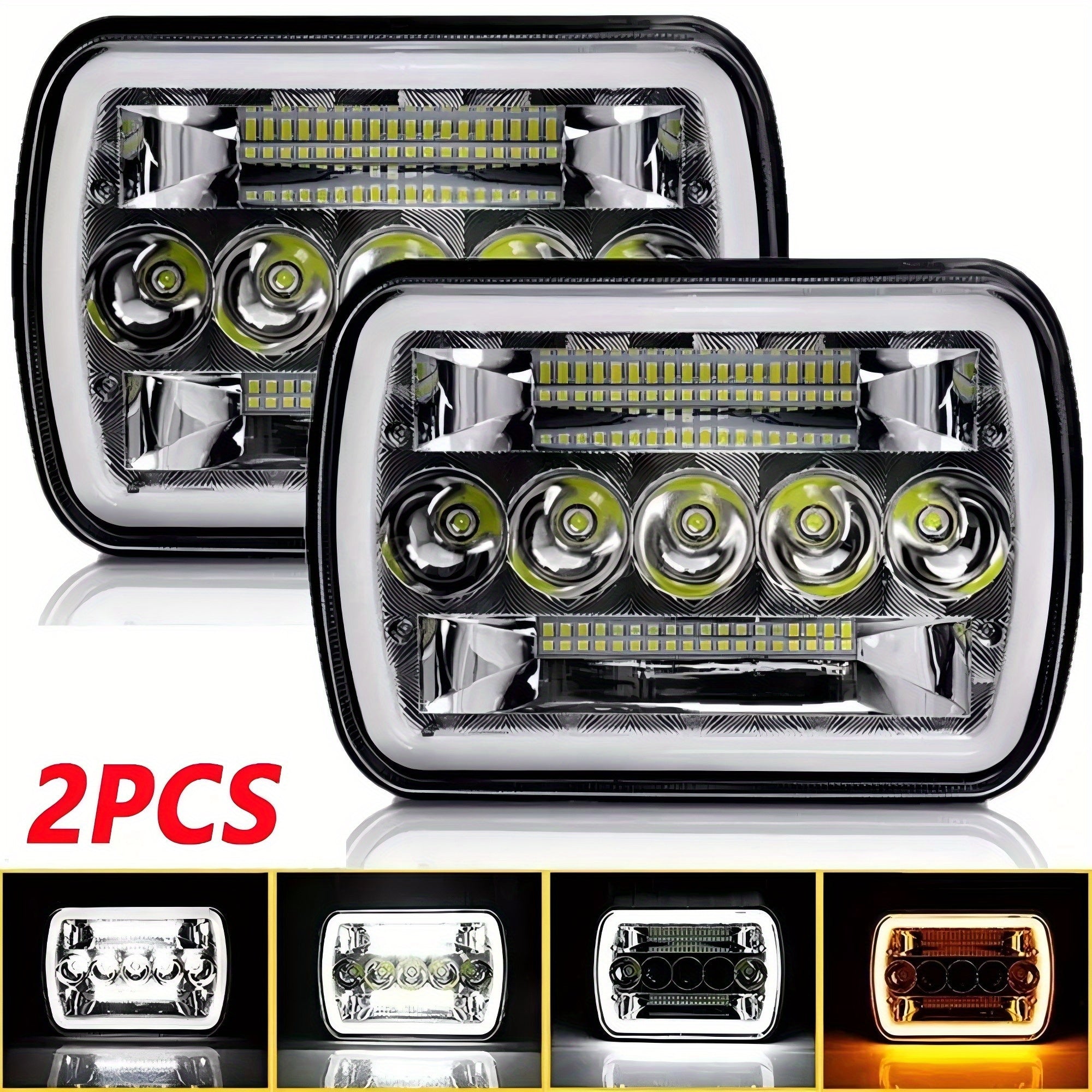 7-Inch Five-Eye Angel Eye Square Light (Pair) Four-Light Mode, 60W Headlight, Suitable for Most Vehicles with 7x6 Inch or 5x7 Inch Sealed Beam Headlights
