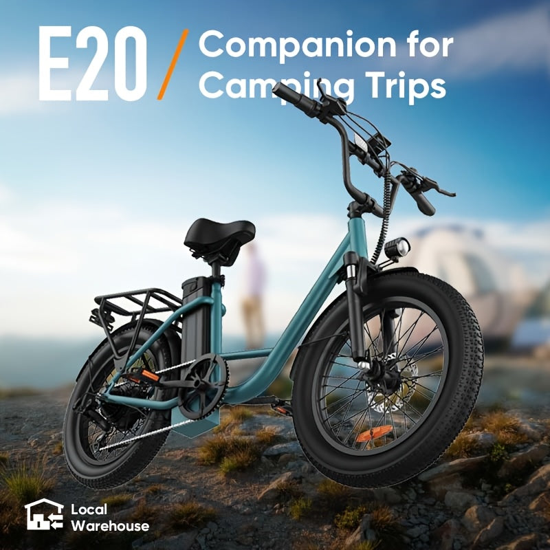 E20电动自行车，配备745W无刷电机与48V 13Ah电池，续航40-60英里（约64-96公里），全地形20英寸车轮，前悬挂系统，碟刹制动系统，动力充足，可兼容外置充电器（插电式）