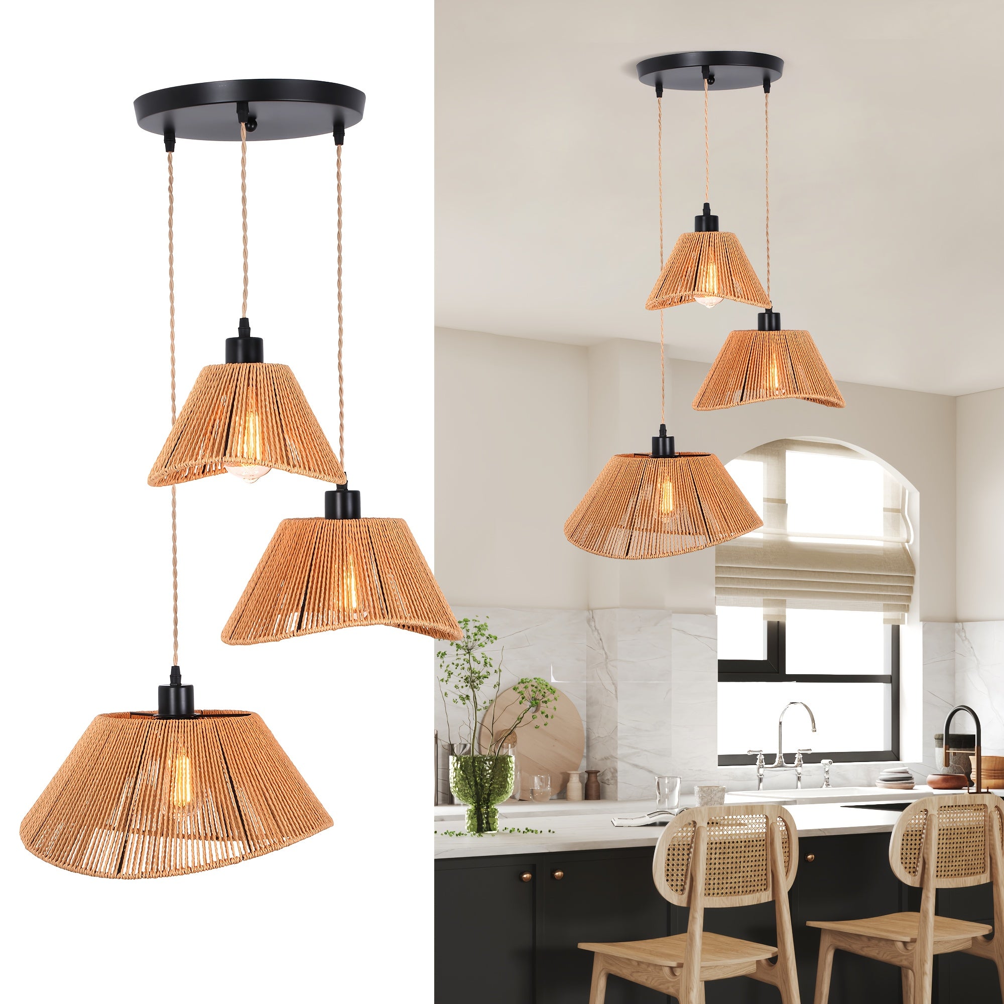 Ganeed rattan pendant light, 3-light boho style hanging lamp, ceiling mount, bohemian woven rattan chandelier, adjustable rattan pendant light, suitable for kitchen island, hallway