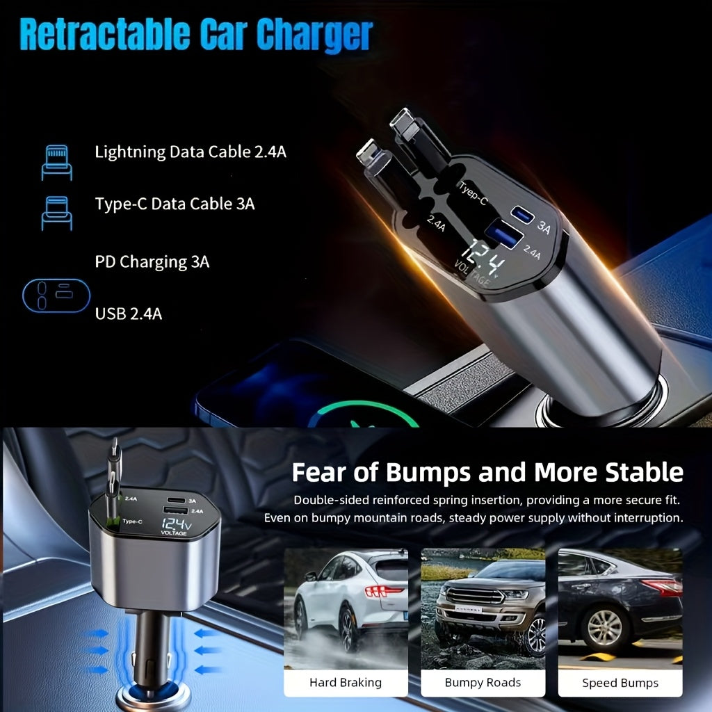 A 4-In-1 Fast Car Charger Adapter with 66W Quick Charging, Featuring 2 Retractable Phone Charging Cables (Type-C And Ios) And 2 Ports (USB-A And USB-C), Compatible with Iphone 16/15 Pro Max/14/13/Pro Max 12, a Must-Have for Vehicles.