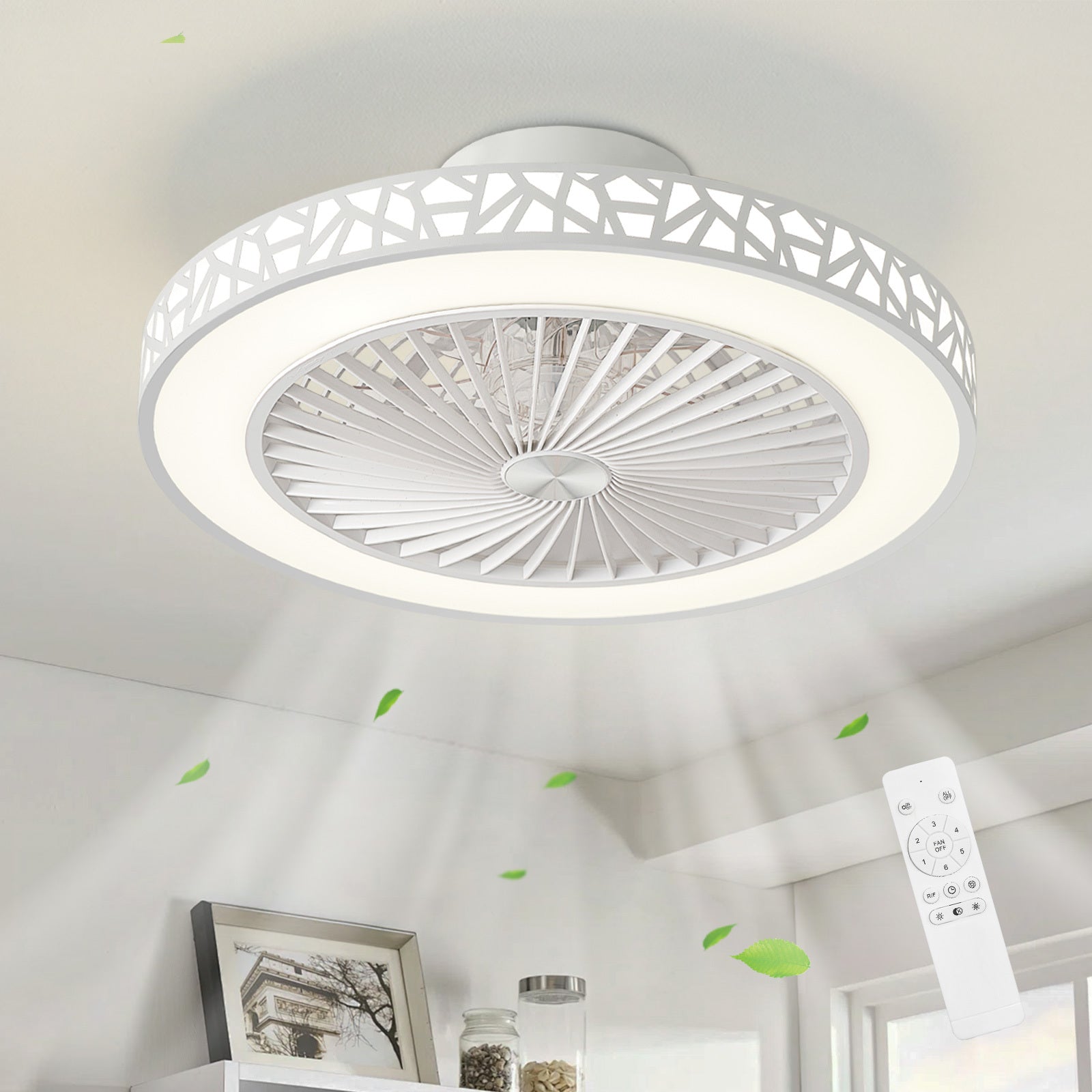 19" Low Profile Ceiling Fan with Remote, Modern Flush Mount Ceiling Fan, Dimmable LED with 3 Color Temperatures, 6-Speed Reversible Fan, for Bedroom, Living Room, Office, Indoor Use