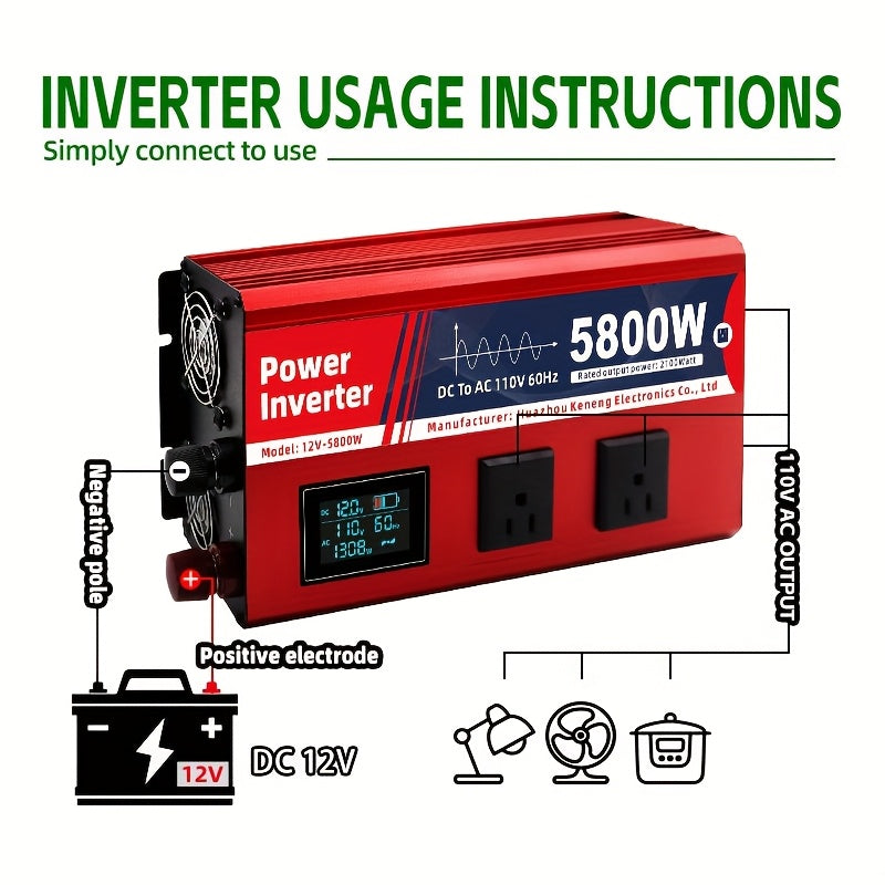 2100W/5800W持续功率汽车电源转换器DC12V转AC110V便携式逆变器，适用于房车、汽车、移动电源，多功能车辆露营设备，露营和旅行的过载保护、旅行电源|便携式逆变器,无电池
