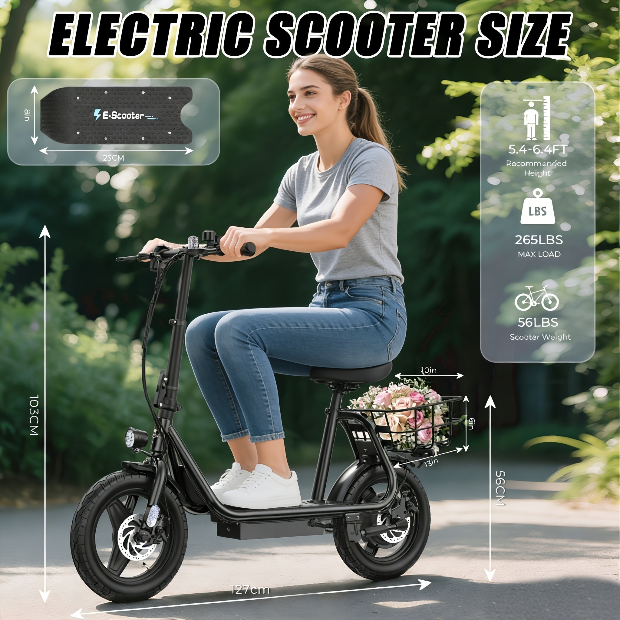 14英寸电动滑板车，350W 36V成人电动滑板车，双制动，双碟刹，车头可折叠轻便电动滑板车，城市通勤智能滑板车，带购物篮，节日礼物，生日礼物