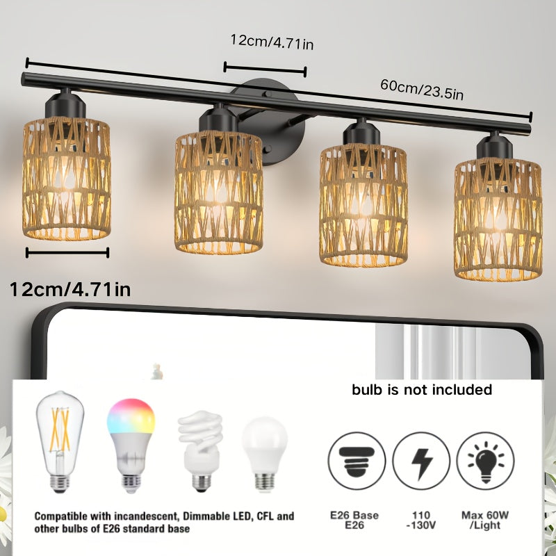 Holiday Theme 4-Light Bathroom Vanity Light, Modern Rattan Light Fixture, Suitable for Above Mirror, Bohemian Style Wall Light with Woven Shade, Black Wall Light, Perfect for Farmhouse Living Room and Bedroom (Bulb Not Included)