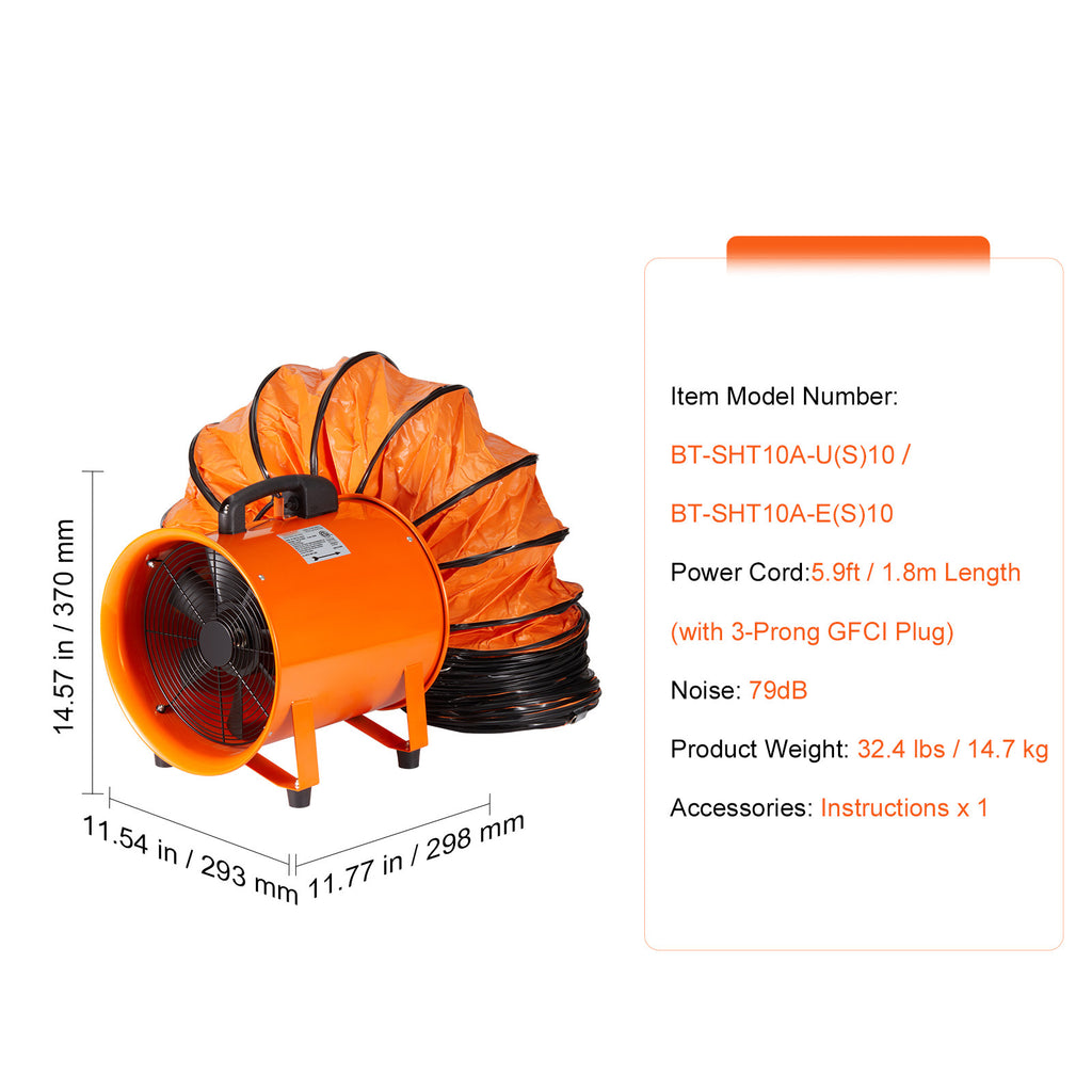 VEVOR Portable Ventilator, 10 Inch Heavy Duty Cylinder Fan with 16.4ft/33ft Duct Hose, 380W Powerful Workshop Exhaust Fan, Model 1893FM, Industrial Utility Blower for Dust & Smoke Removal at Home and Workplace