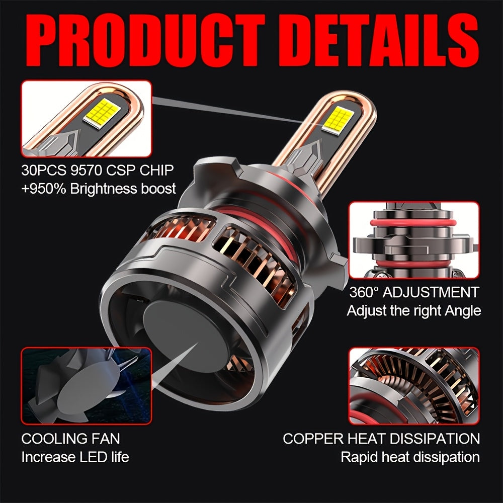 2Pcs LED Headlight Bulbs, 300W High Power, Compatible with H1, H4, 9003, HB2, H7, H18, H11, H9, H8 - 60,000 Lumens, 7500K Color Temperature, 9570 CSP Chip, 950% Brightness, Vehicle Lighting Upgrade, Durable LED Lights, 12V-24V Voltage