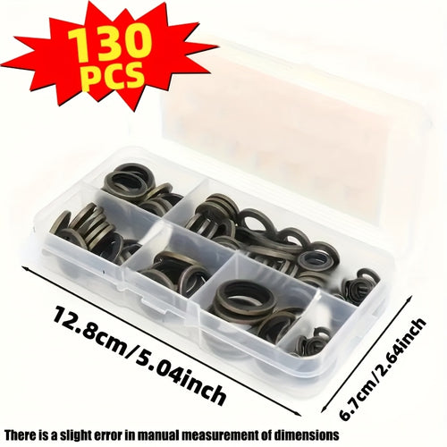 130-Piece Oil Drain Plug Gasket Set for Automotive - Includes Drain Bolt Washers, Rubber Gaskets & Replacement Seals in Sizes M6, M8, M10, M12, M14 & M16