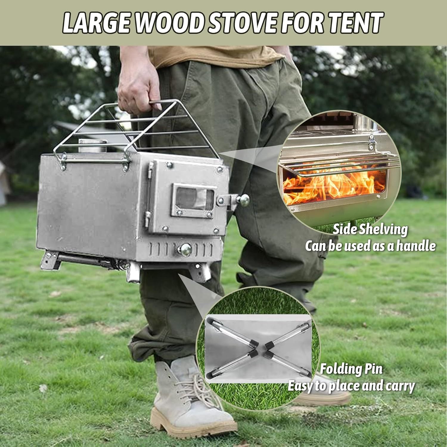 Wood Burning Stove, Stainless Steel Camping Stove, Portable Wood Stove, Outdoor Cooking Camping Wood Stove with 5 Chimney Pipe Sections & Gloves, Ideal for Ice Fishing
