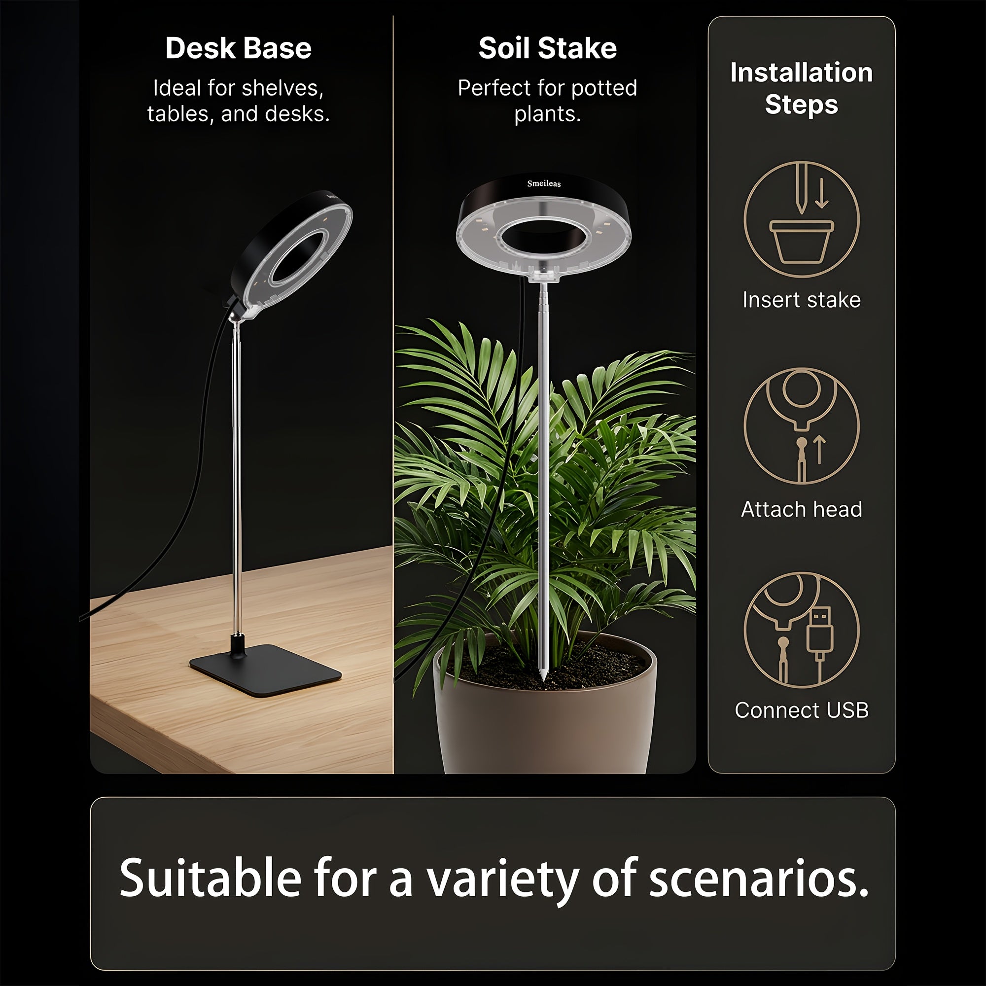 2-Pack Smeileas Seedling Grow Light (with Base), Full Spectrum Supplemental Light, 3/6/9H Auto Timer, 4-Level Dimmable, 360° Magnetic Lamp Head, for Indoor Cilantro, Aloe, Strawberry & Small Plants