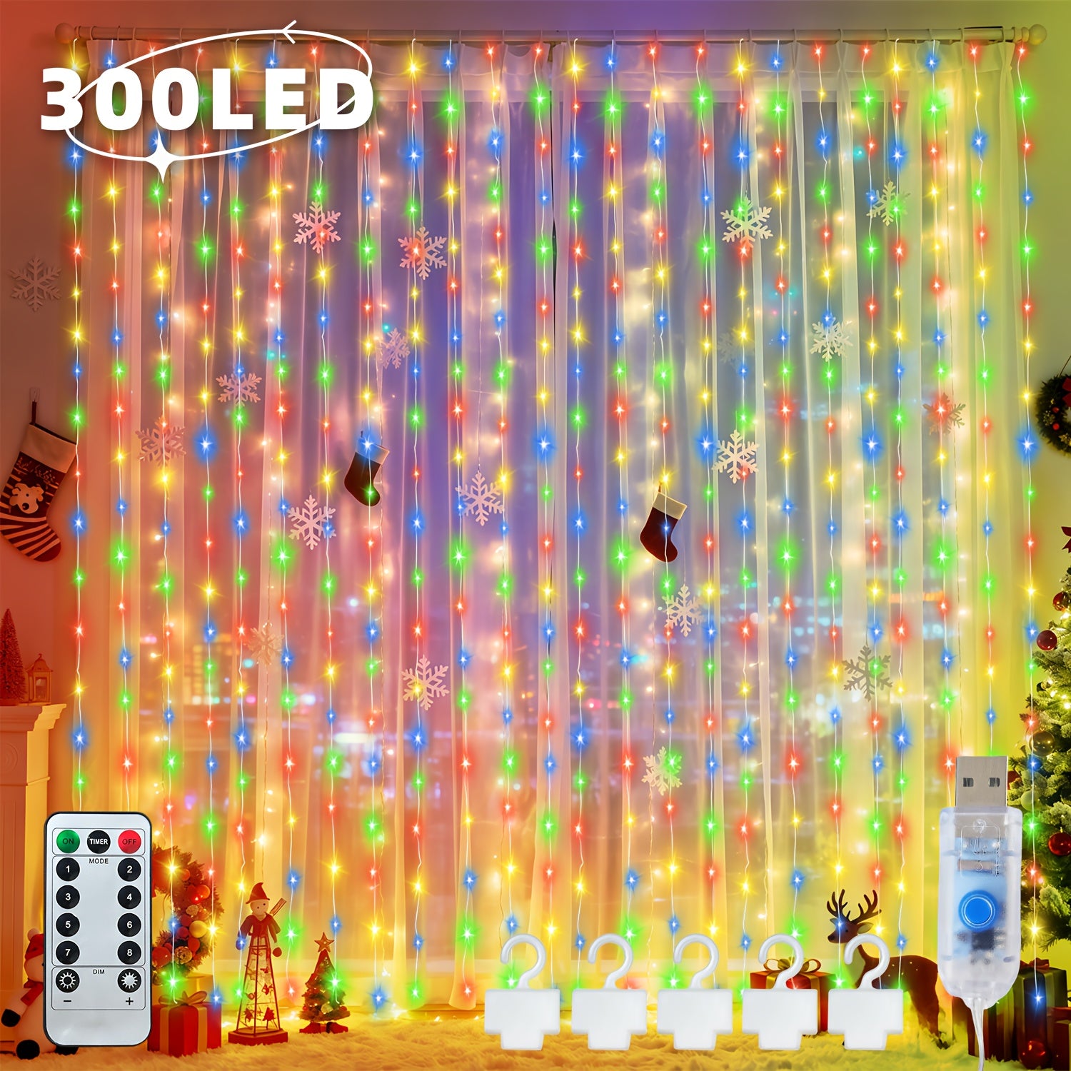1 Pack LED仙女窗帘灯 300LED 8种灯光模式，USB供电，配备遥控器，带挂钩，圣诞装饰品，适用于室内家居、卧室、婚礼、派对、圣诞节装饰（带定时）
