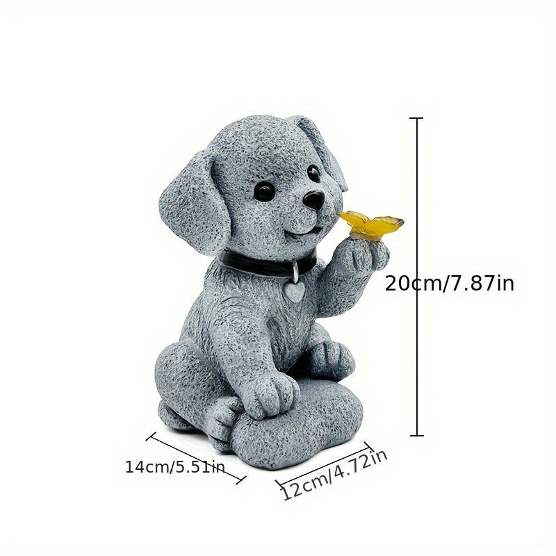 One Solar Puppy Holding Butterfly Garden Statue Light - Resin Outdoor Decoration, Perfect for Courtyard, Patio, Balcony or Porch, Solar Garden Decor