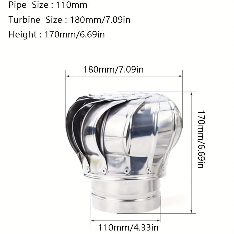 1Pcs Durable Stainless Steel Roof Fan 110mm, Round Rotating Chimney Vent Cap, External Flue Pipe Cover, Heat & Low Temperature Resistant, Corrosion-Proof Non-Electric Wind Turbine Vent, Leakproof Roof Turbine Ventilator for House Factory Attic Farm
