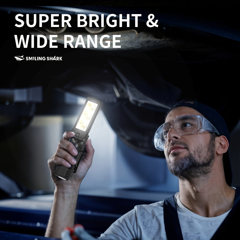 1 Smile Shark COB Ultra-Bright Work Light, Rechargeable LED Work Light, Portable Magnetic Work Light Flashlight, 180° Rotating with 3 Modes, Small Strong Magnetic Flashlight, Ideal for Under Hood, Car Repair, Inspection & Outdoor Use, Mini COB Work Light