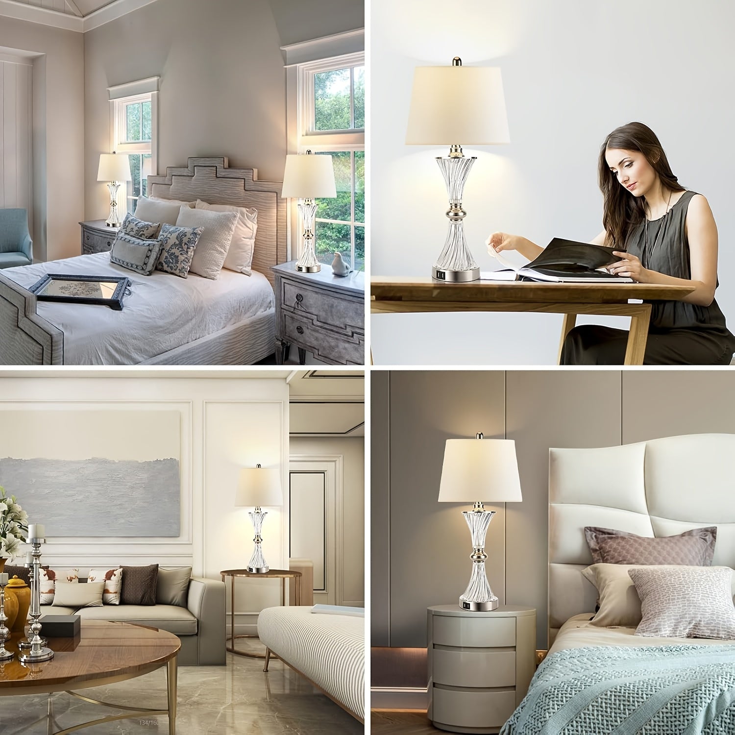 Touch control table lamp for bedroom, 3-way dimmable white drum shade modern bedside night light set of 2 with 2 USB charging ports (bulbs included)