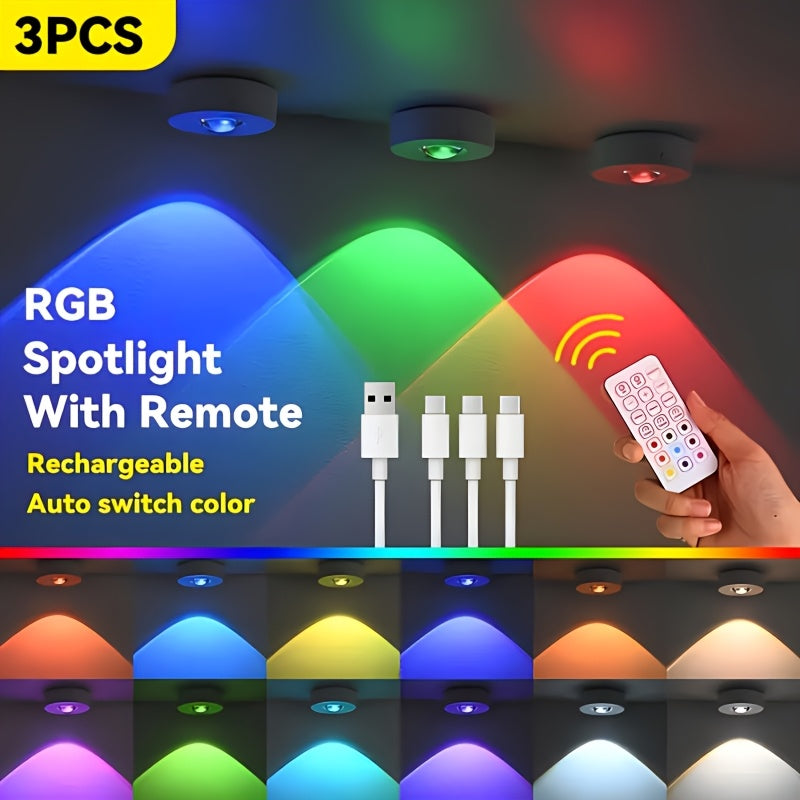 3个可充电RGB LED 橱柜灯带遥控器，亮度可调，USB可充电，USB接口、USB灯具灯饰，12种颜色模式，动态照明效果，定时功能，适用于橱柜、衣柜、家居装饰和办公室