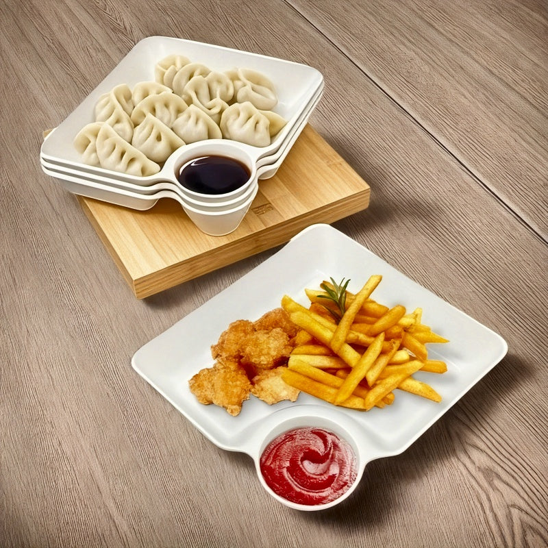 7.3x6.6 Compartment Snack Plate Set, Plastic Divided Dumpling Plate / Sushi Plate / Fry Dipping Plate with Sauce Area, Unbreakable, Microwave & Dishwasher Safe