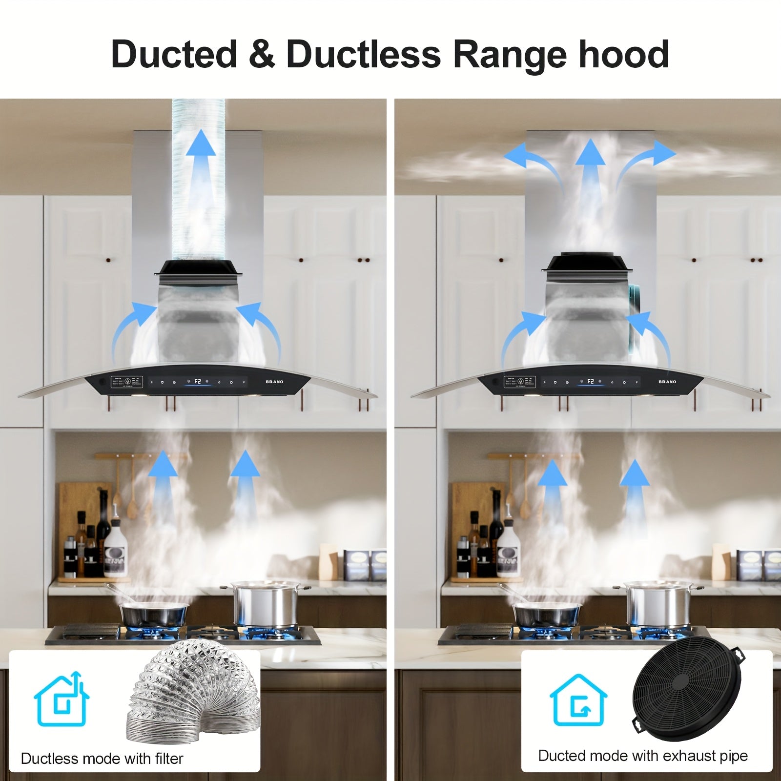 36-Inch Island Range Hood, 900CFM Voice/Gesture/Touch Control Ceiling Exhaust Hood, 4-Speed Fan, 4 LED Lights, Memory Mode, Convertible Ducted/Ductless with 2 Charcoal Filters