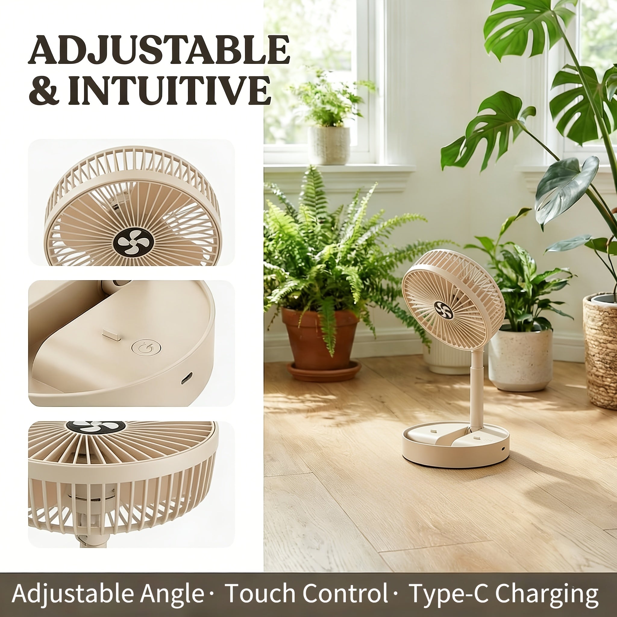 Retractable Foldable Desktop Fan, Portable Telescopic Design, Natural Cooling, Ideal for Home, Office, Balcony and Desk, Compact Stylish Fan (Beige / White)