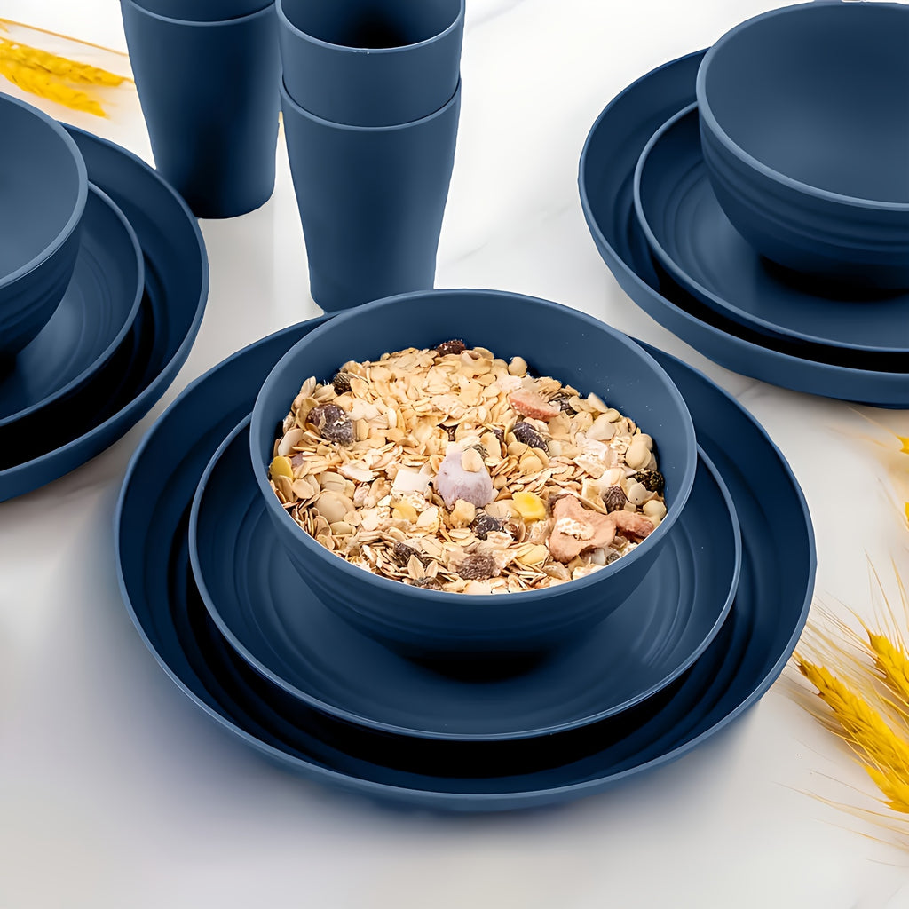 16-Piece Blue Dinnerware Set for 4 Persons – Includes Dinner Plates, Bowls & Cups – Microwave & Dishwasher Safe – Perfect for Christmas, New Year, Valentine‘s Day, Kitchen, Outdoor Camping, RV & Picnics