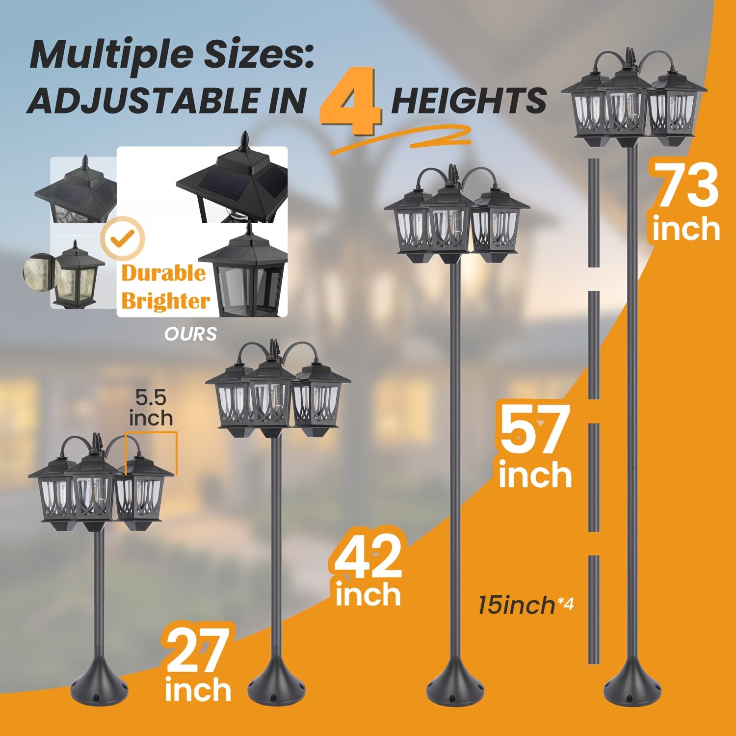 2/1-Piece 73-Inch 3-Head Solar Light, Clear Glass Aluminum, 60 Lumens, Accurate 3000K Light, Adjustable in Sections, Solar Floor Lamp, Outdoor Light, Solar Post Light, Suitable for Home, Courtyard, Garden, Valentine's Day, Carnival