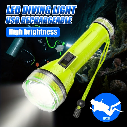 1Pc LED Diving Flashlight, Professional Underwater Torch, IPX8 Waterproof USB Rechargeable Diving Light, High Brightness Outdoor ABS Plastic Portable Flashlight, Ideal for Diving, Swimming, Hiking, Fishing