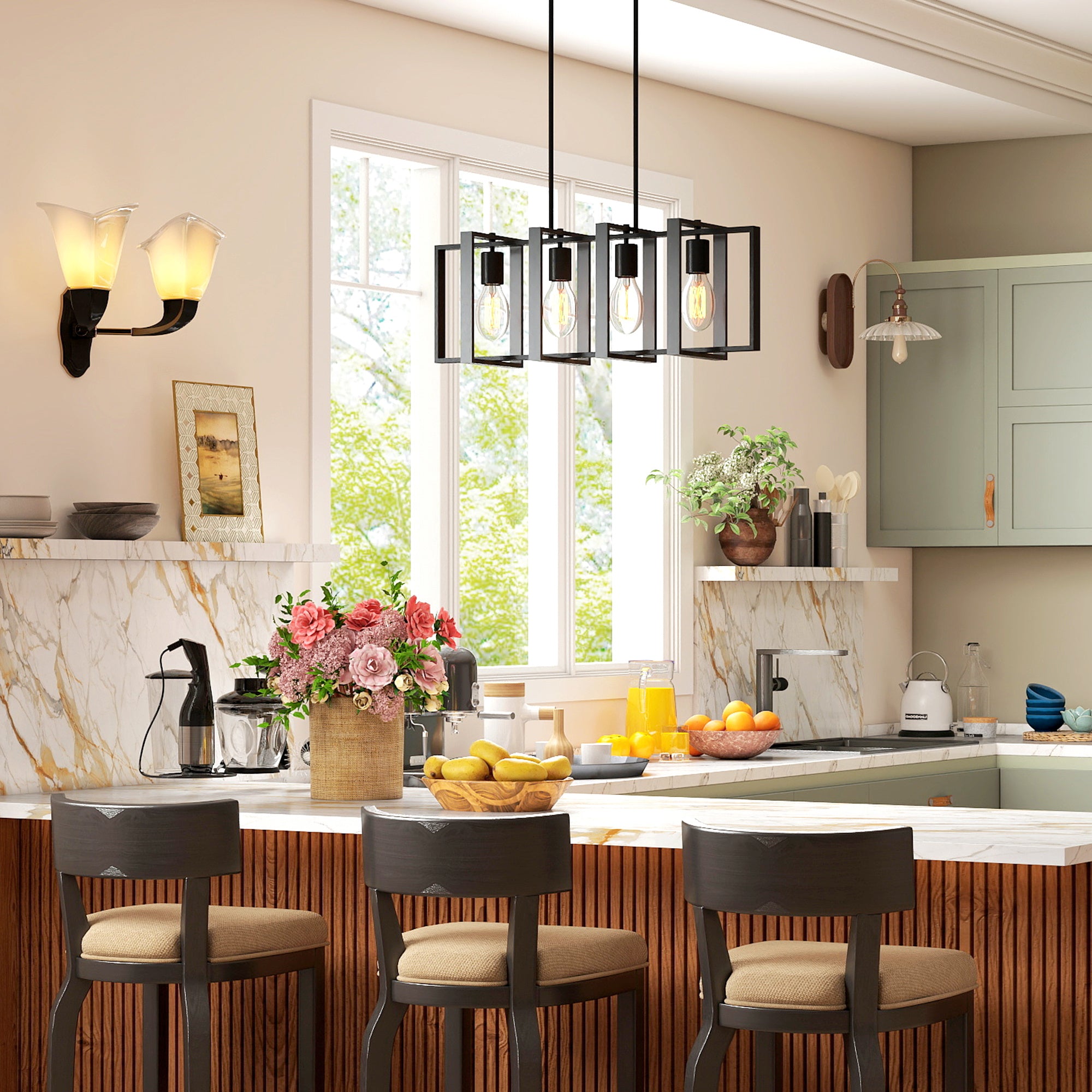 HOMCOM 31.5-inch pendant light, farmhouse style kitchen island lighting fixture, equipped with 4 rotatable lamp arms and adjustable height, suitable for living room, dining room, hallway, E26 base, black