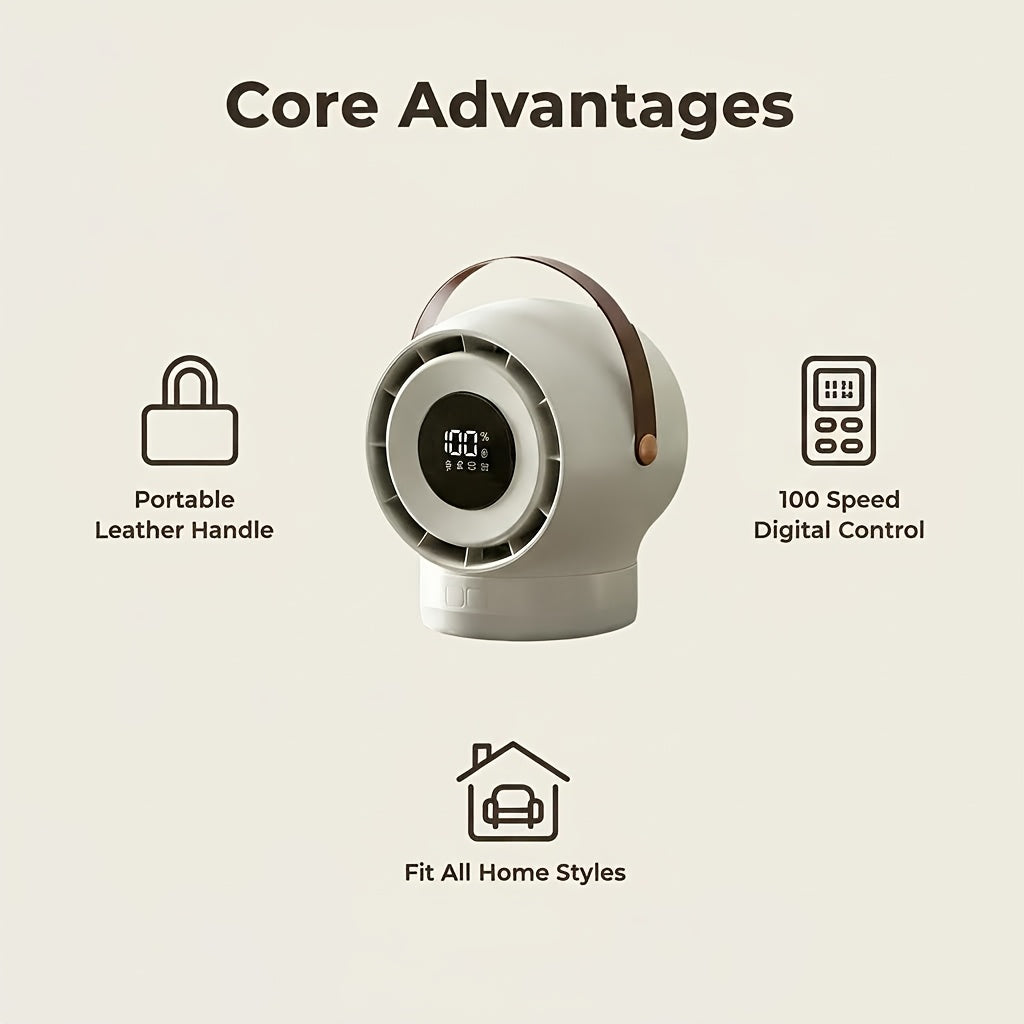 Portable Mobile Desk Fan, 100-Speed Digital Display Precise Control, 180° Smart Oscillating Air Supply, Leather Handle, Compatible with Diverse Home Styles/