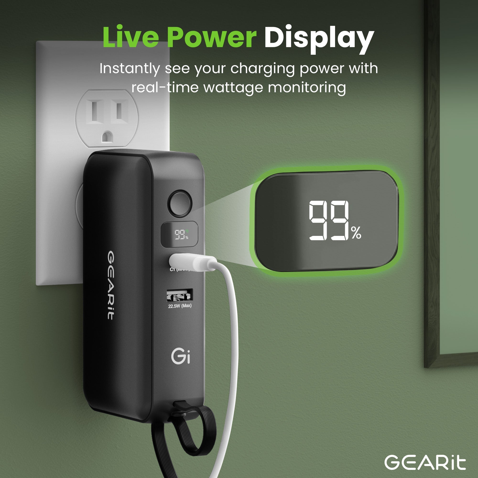 GEARit 三合一65W氮化鎵充電器，內建USB-C線10000毫安時移動電源