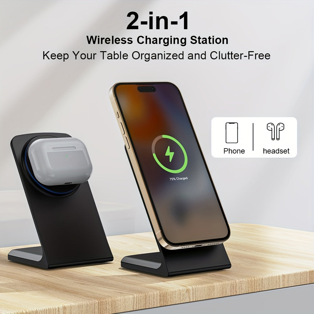 GYUAN 15W Fast Magnetic Charging Station for iPhone 12 Mini, 13, 14 Plus, 15, 16 Pro Max & AirPods 4, 3 Pro 2 - Wireless Desktop Charger with USB-C Input, Green LED Indicator, 2-in-1 Stand, iPhone Charging Station | Modern Charging Station | Sleek Chargin