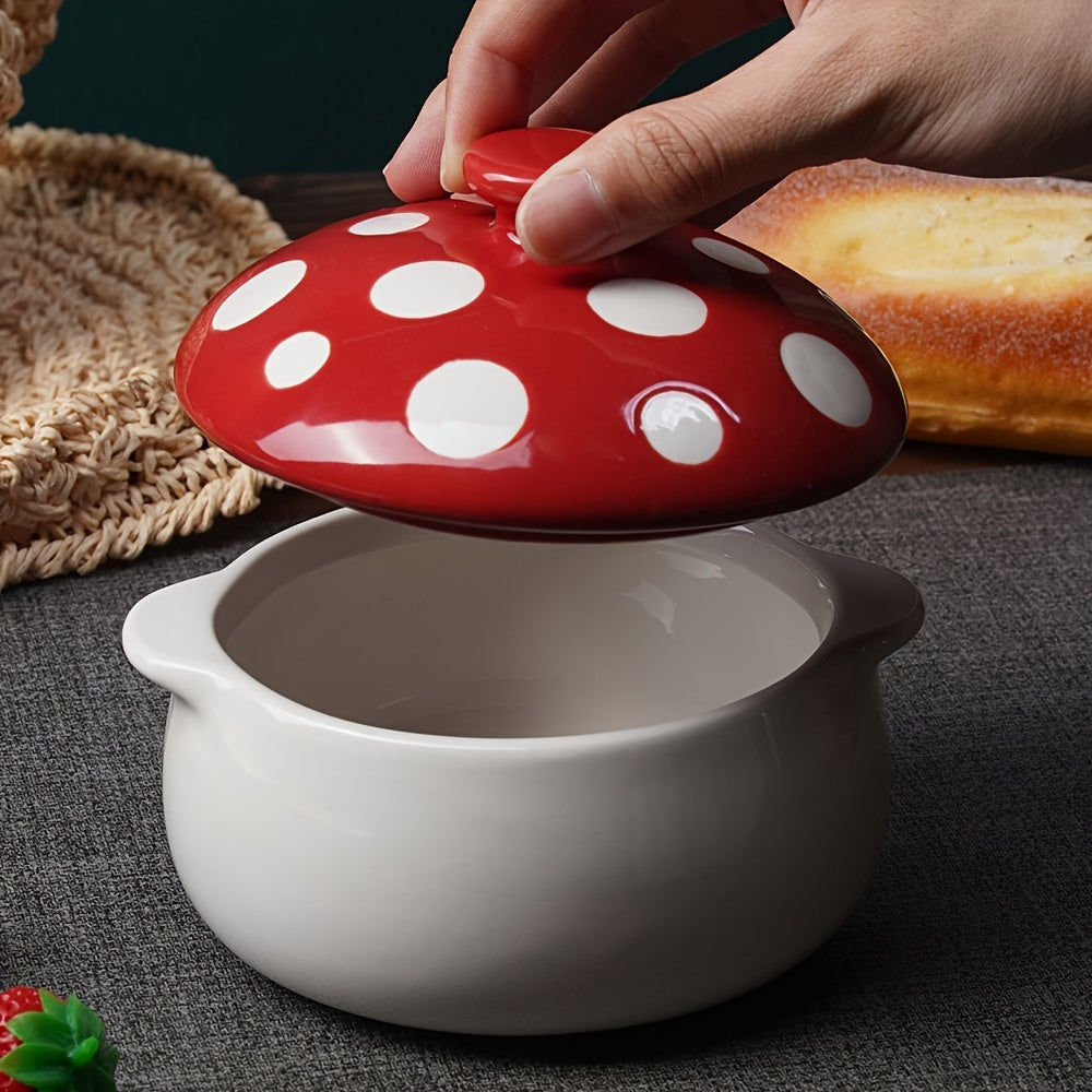 1 pc, Red Mushroom Bowl with Handle, Ceramic Soup Bowl with Lid, Porcelain Soup Pot for French Onion Soup, Pot Pie, Cereal, Chilled Storage, Pasta, Beef Stew, Microwave & Oven Safe