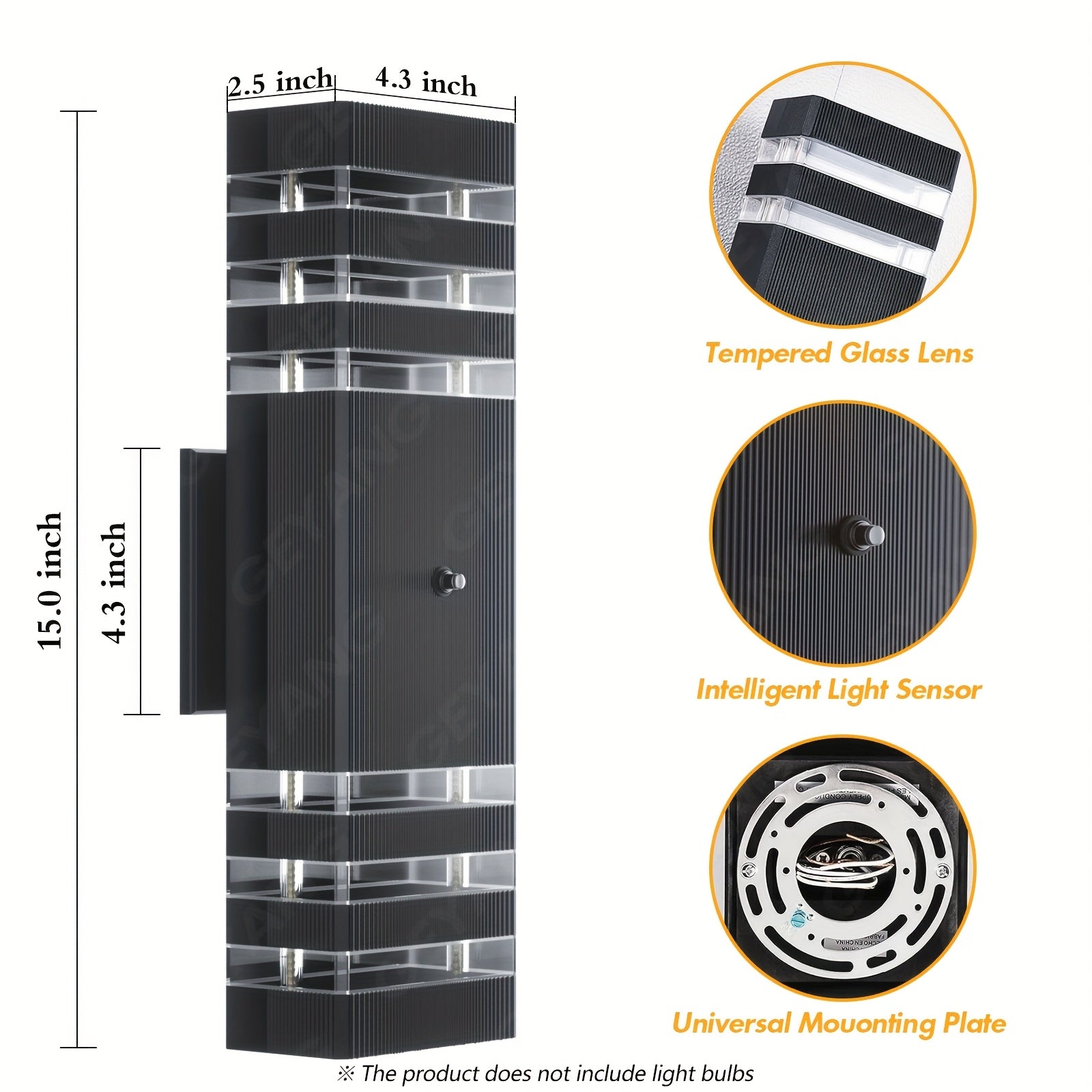 GEYANG Dusk to Dawn Outdoor Wall Light, Modern Square Aluminum Outdoor Lighting Fixture, 3-Layer Black Waterproof Wall Light with Up and Down Light, Suitable for Home Garage, Patio, Garden (Bulb Included)