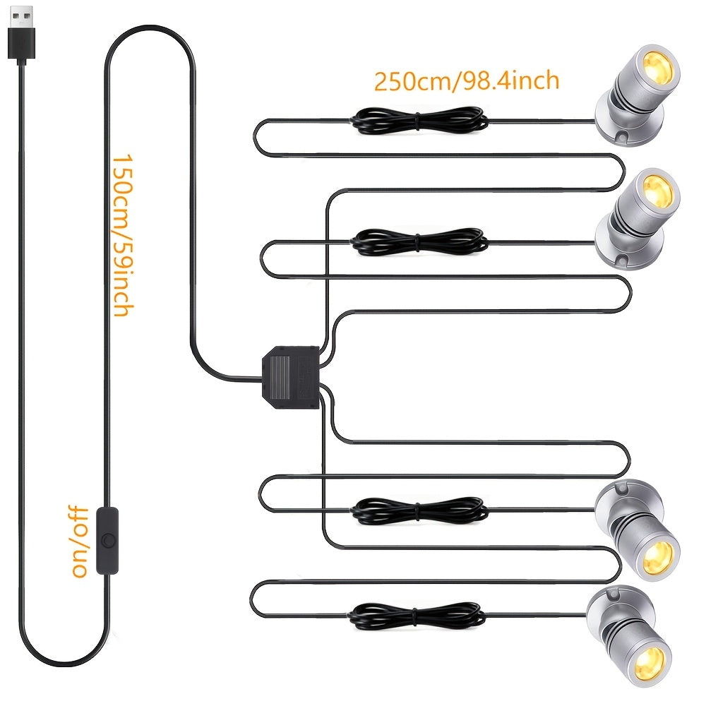 LED mini spotlight display light, USB-powered mini spotlight, equipped with 2/4/6 heads, 3000K warm white spot lighting, suitable for jewelry cases and model display stands, black USB cable with optional black/gold/silver lamp heads