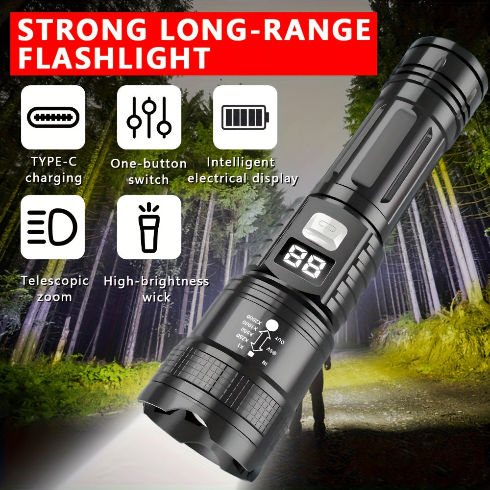 4-pack rechargeable high-power LED flashlight, with zoomable focus function, ultra-bright long-range beam, tactical work light, suitable for camping, hunting, hiking, emergency, equipped with LCD digital display screen