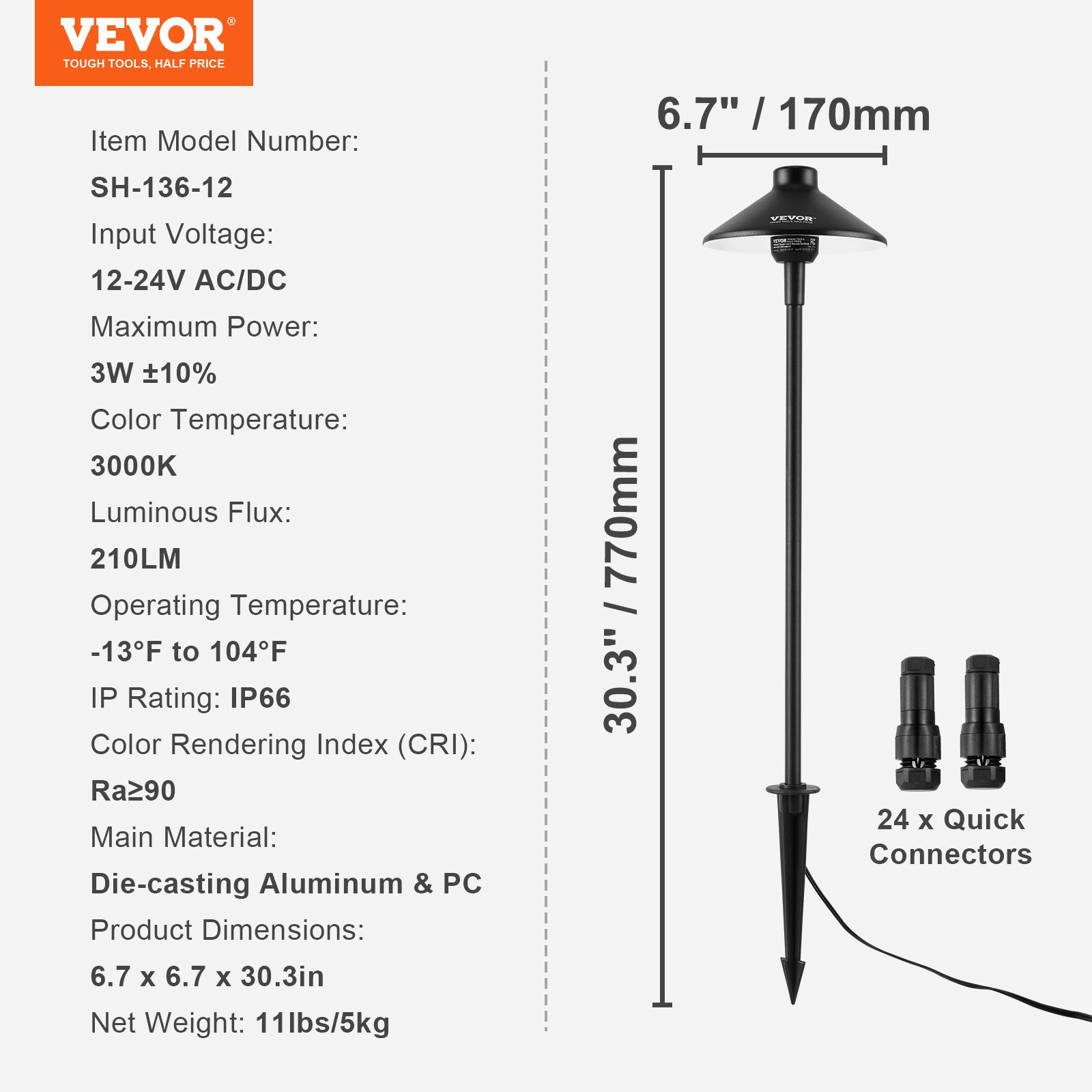 VEVOR 12 Pack Low Voltage Landscape Path Lights, 3W 210LM 12V-24VAC/DC Outdoor LED Pathway Lighting, 3000K Warm White with Quick Connector, IP66 Waterproof for Courtyard Garden Sidewalk