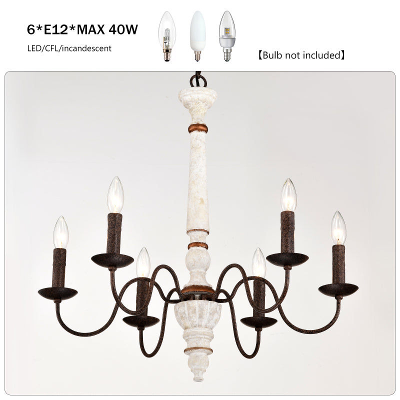 Vintage white and rust finish pendant light, with 6-light E12 sockets, bulbs not included, suitable for dining room, foyer, kitchen, bedroom, living room, conference room and home office