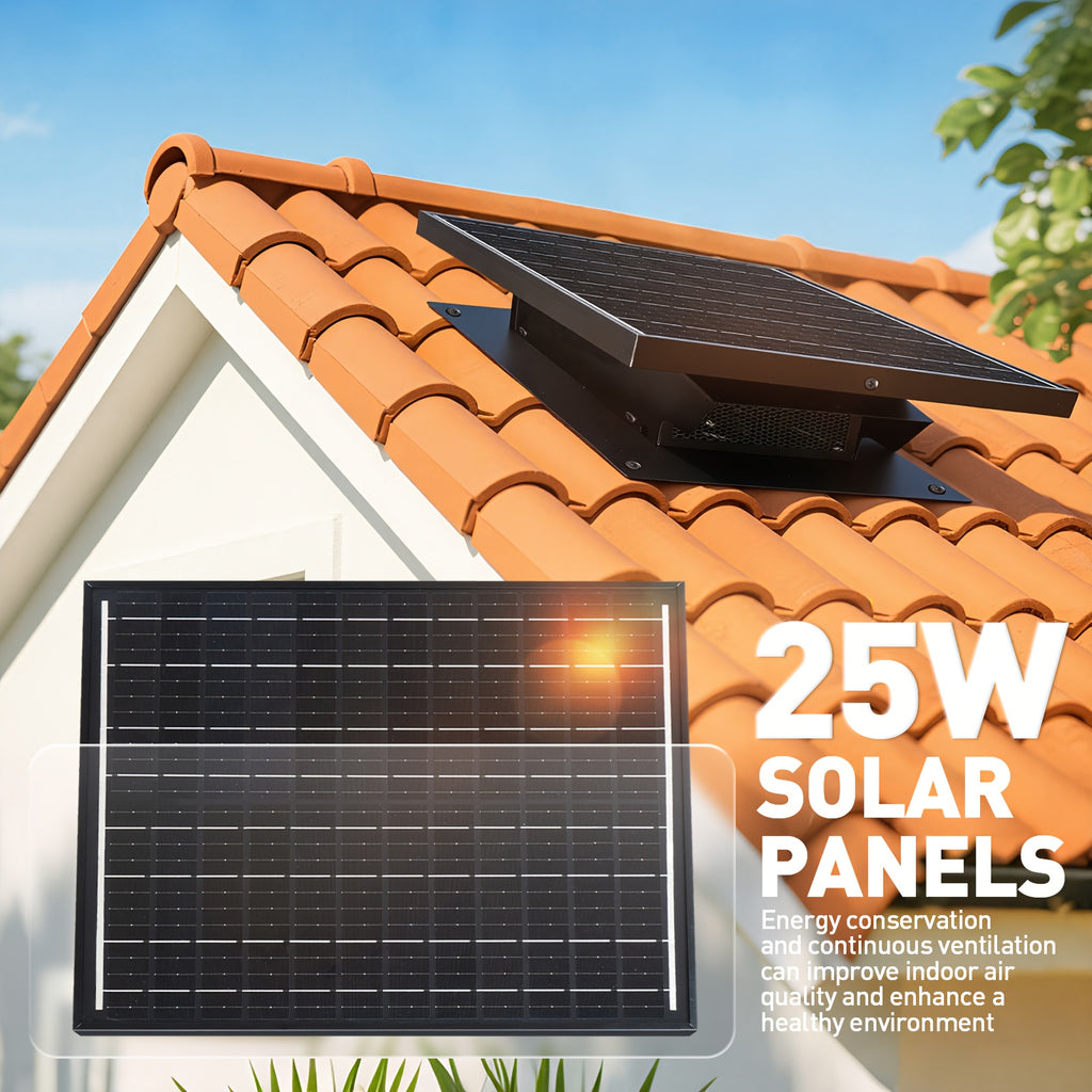 25W Solar Roof Vent Fan, 8" Detachable Roof Vent, 9.84ft Connection Cable, Rust-Resistant Coating Solar Attic Exhaust Fan, Ideal Roof Fan for Garage, Shop and Warehouse, Black