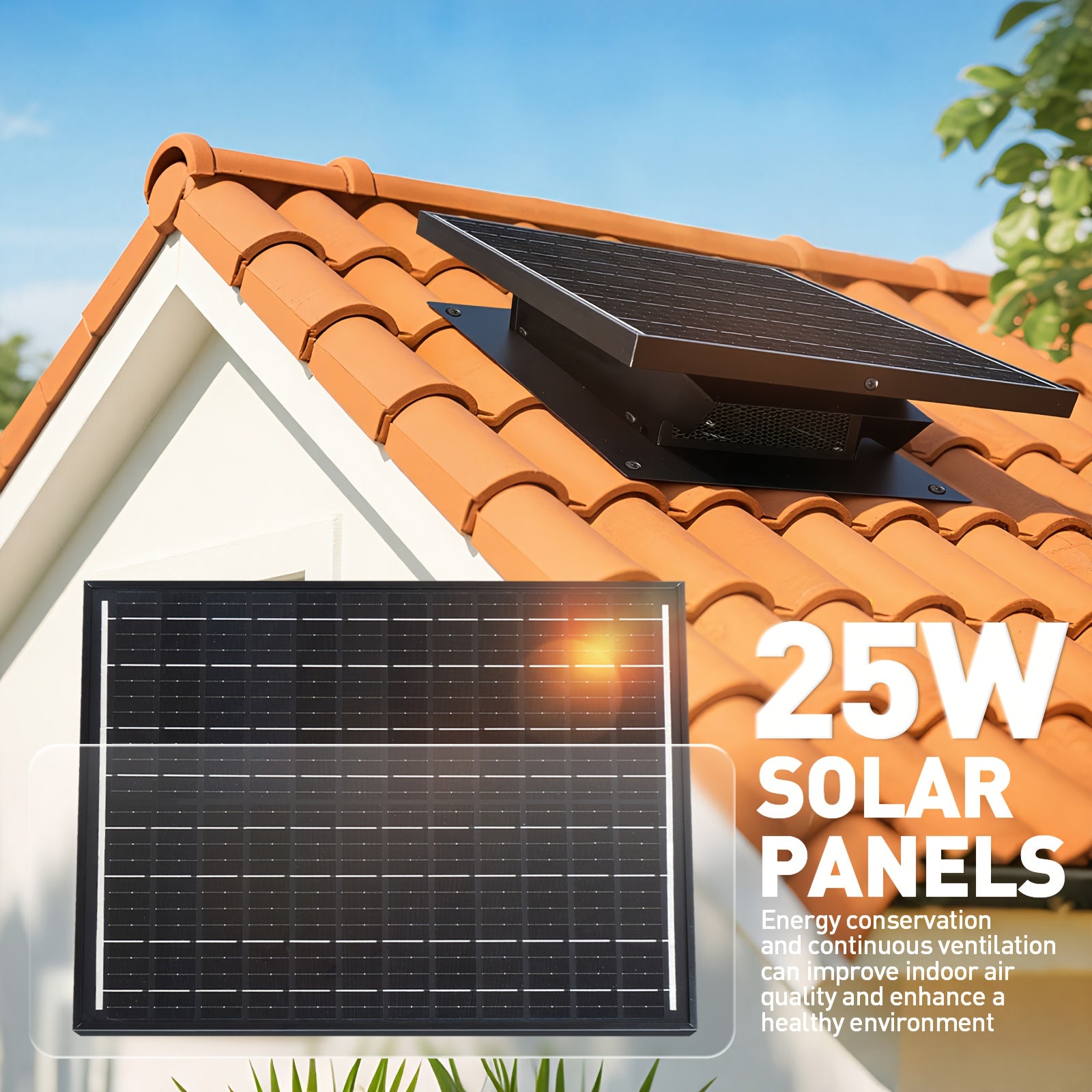 25W Solar Roof Vent Fan, 8" Detachable Roof Vent, 9.84ft Connection Cable, Rust-Resistant Coating Solar Attic Exhaust Fan, Ideal Roof Fan for Garage, Shop and Warehouse, Black
